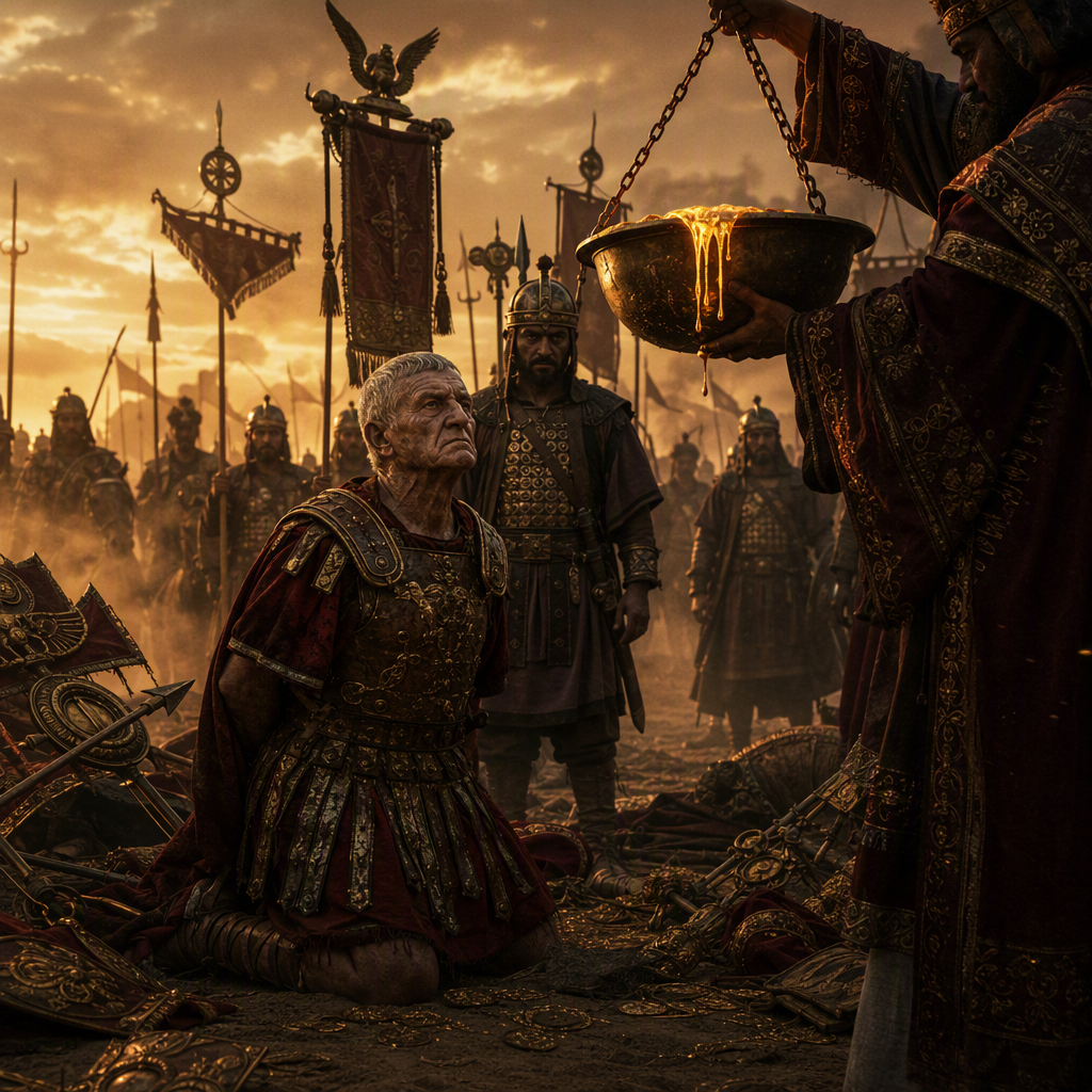 AI concept art inspired by General Crassus Executed by Having Molten Gold Poured Down His Throat