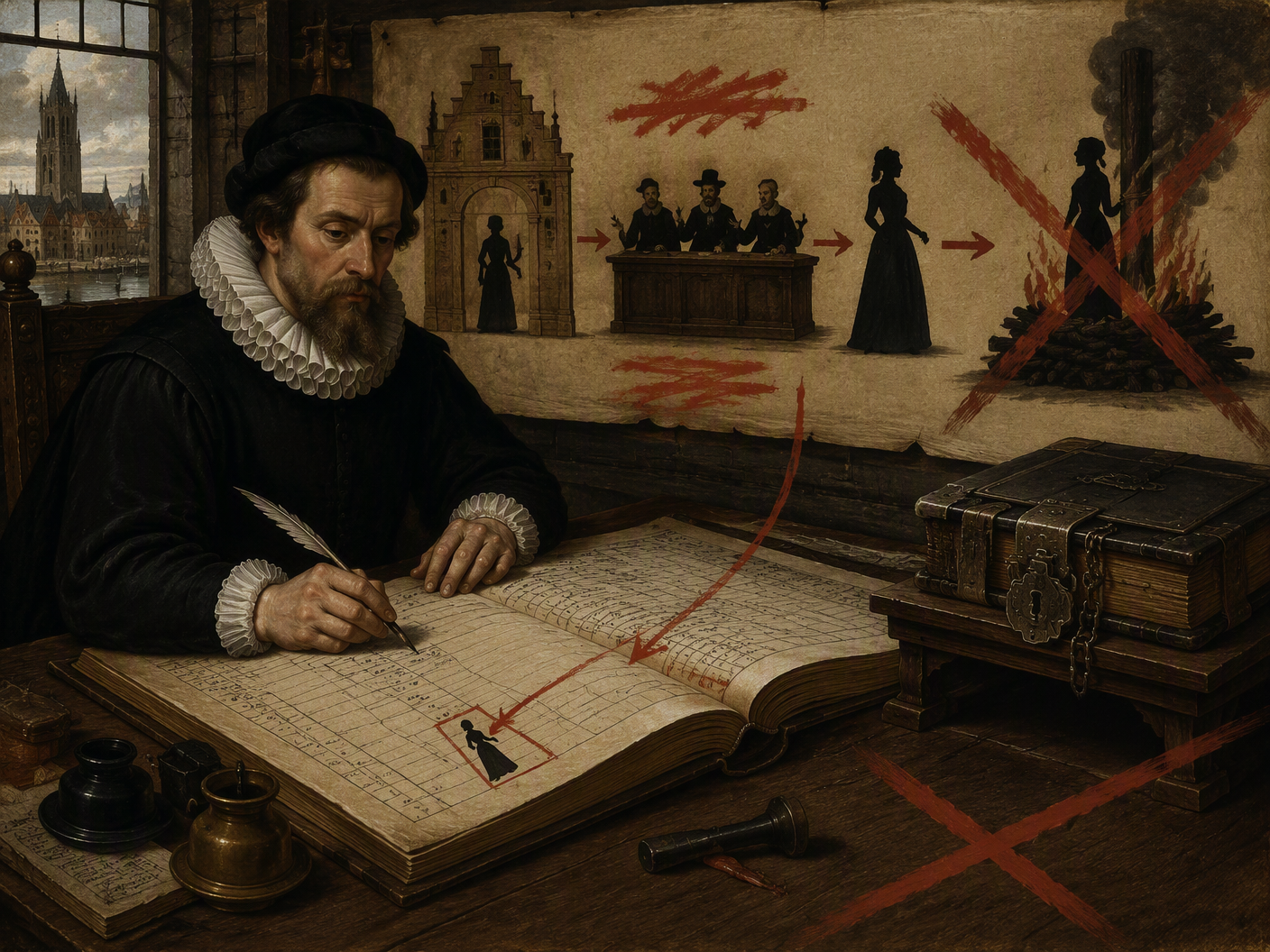A seventeenth-century clerk writes in a large ledger as an anonymous woman’s silhouette fades between a courthouse and a distant execution fire; a locked volume sits out of reach.