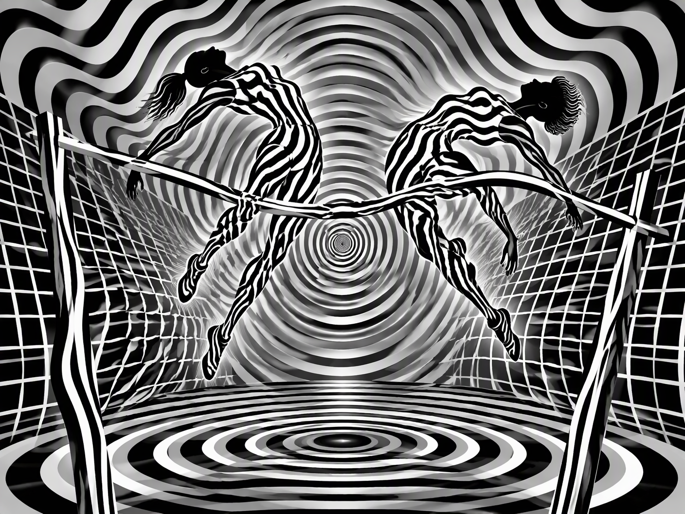 Black and white Op Art style illustration with warped grids and vibrating concentric circles forming two abstracted figures and a bent high jump bar, symbolizing the unstable perception and retesting process that changed the 2008 Olympic women's high jump medal results.