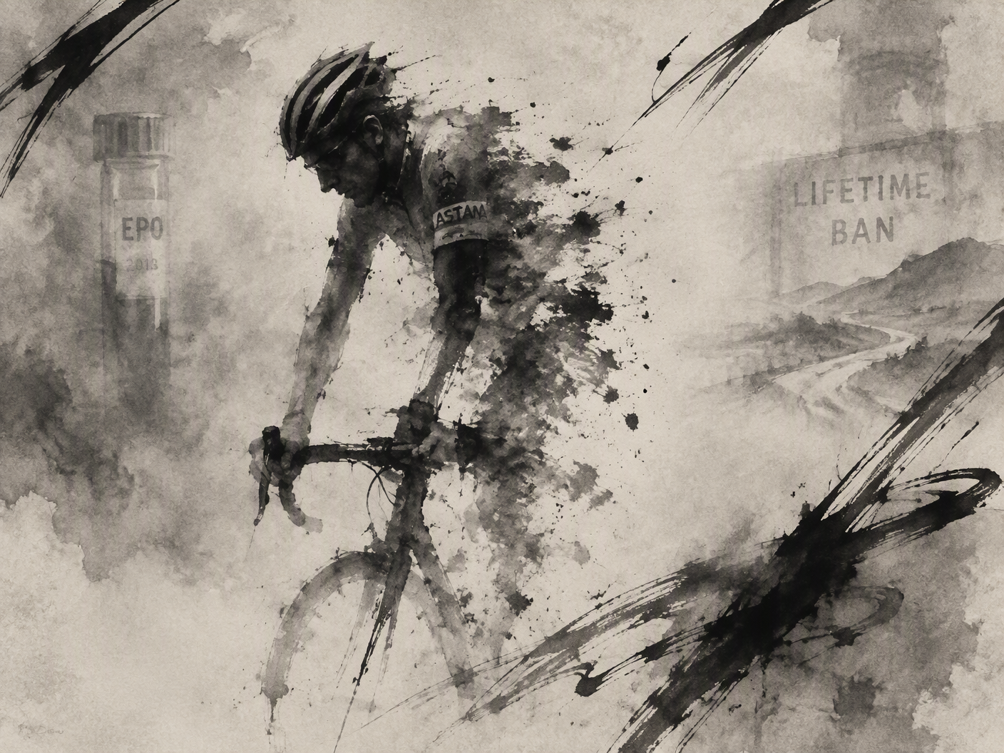 Ink wash expressionist image showing a fading cyclist figure dissolving into mist and negative space, symbolizing Danilo Di Luca's doping scandal and lifetime ban.