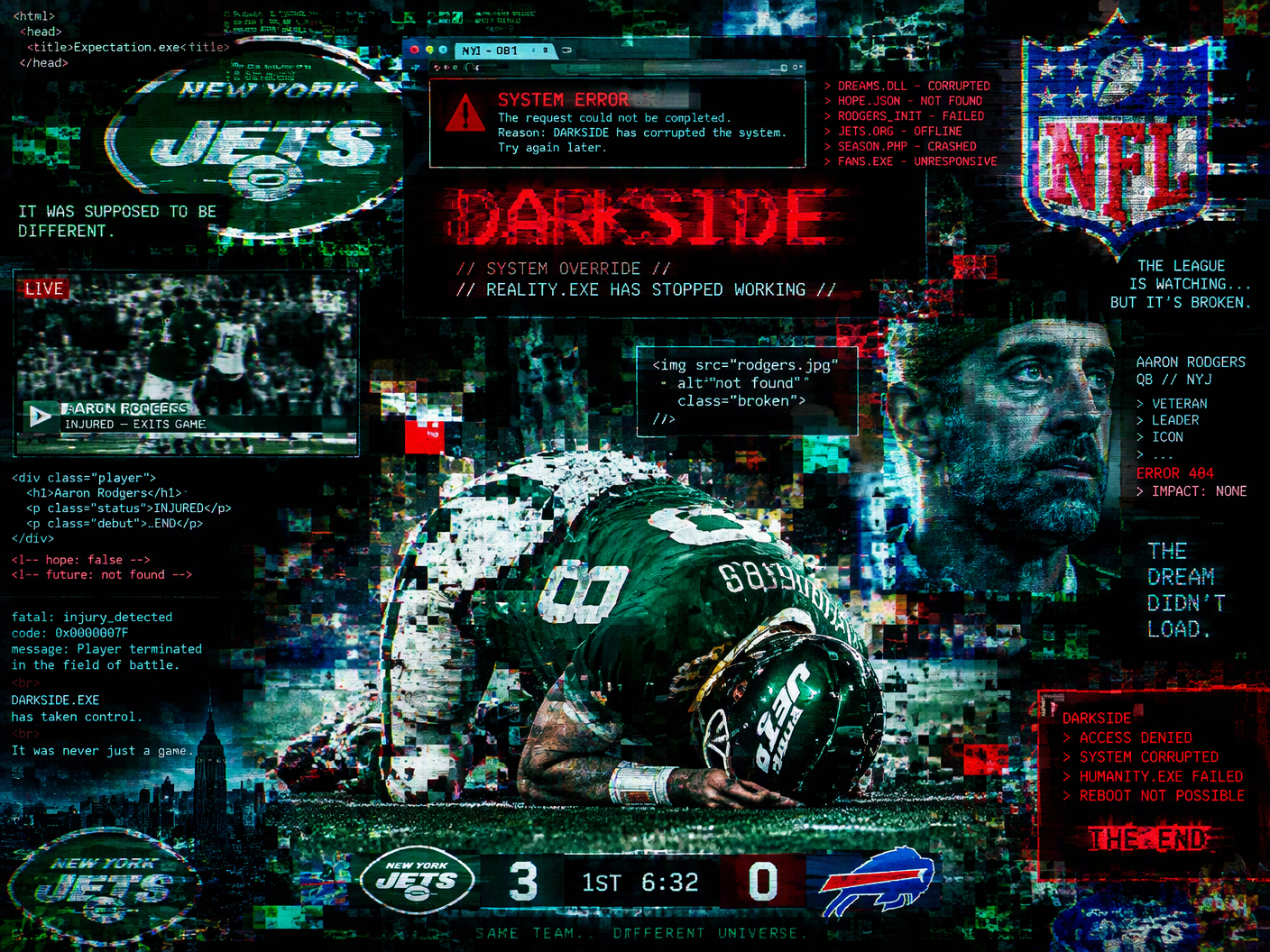 Digital glitch art of Aaron Rodgers collapsing on the field amid distorted Jets logos and broken HTML code, symbolizing his season-ending injury and abrupt downfall in a corrupted sports broadcast interface.