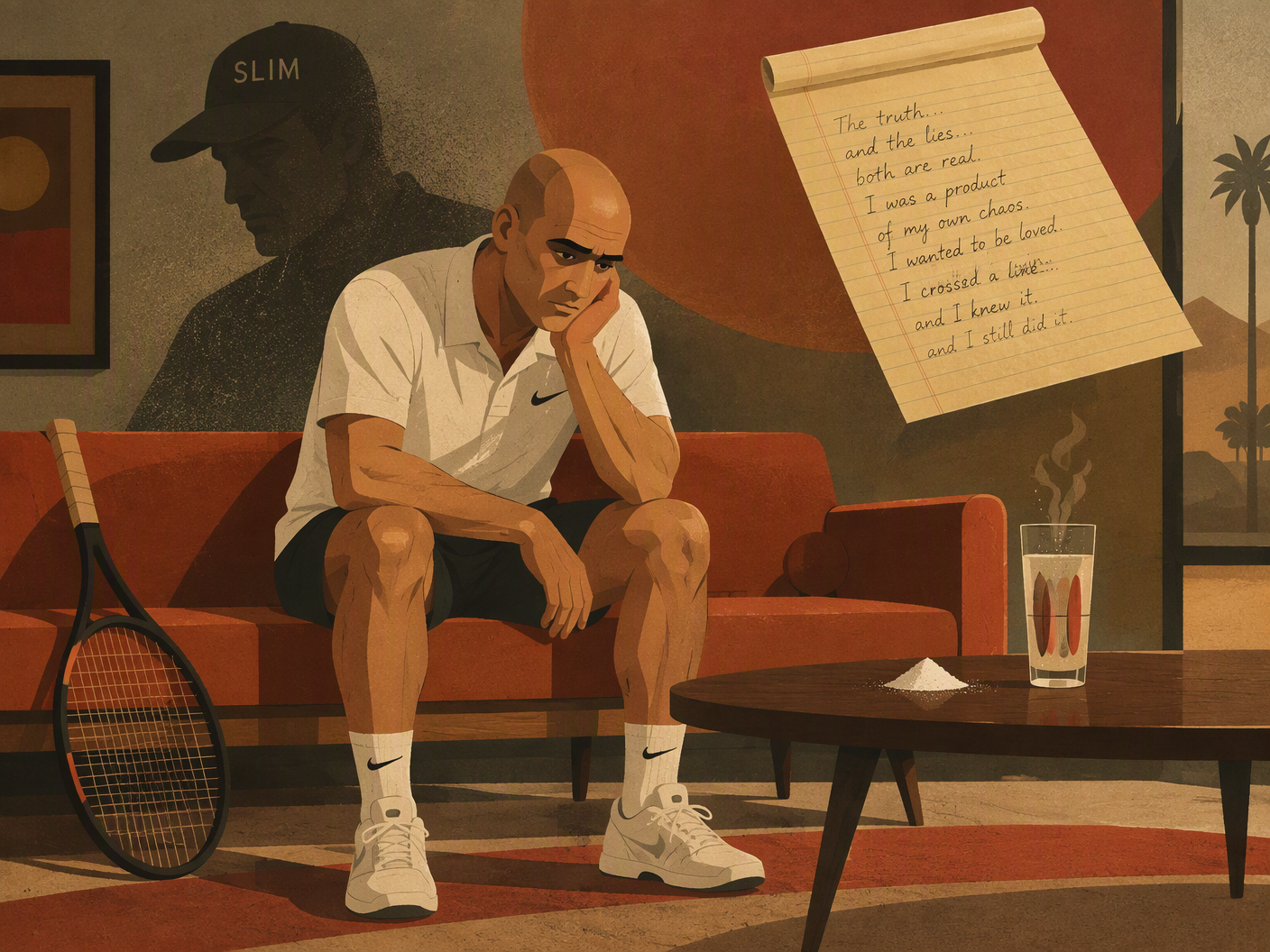 Mid-century modern style illustration of Andre Agassi sitting on a couch looking thoughtful and conflicted, with symbolic powder and soda on a table nearby, a shadowy figure behind, and a floating legal pad representing his letter to tennis authorities.
