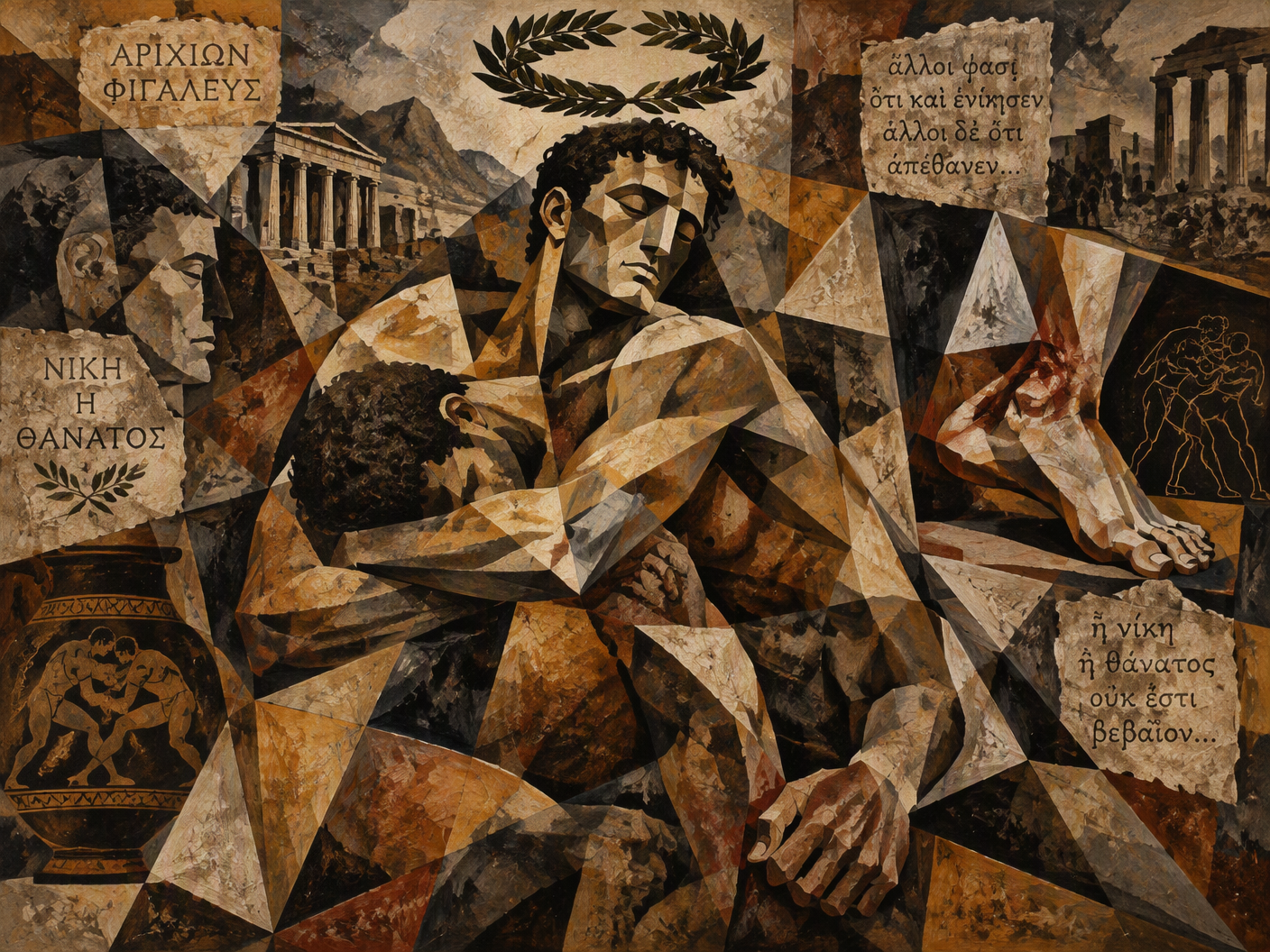 Cubist-inspired depiction of Arrichion entangled with opponent in a pankration hold, fractured limbs and angular shapes highlight injury and death, victor’s wreath hovers above his head, muted earthy color palette.