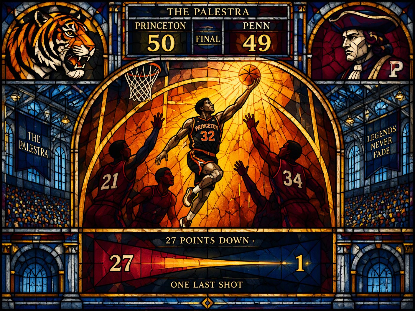 A stained-glass style image showing a Princeton basketball player making a glowing hook shot amid shadowed Penn defenders, framed by symbolic tiger and quaker figures, with a scoreboard reading 50–49 representing the dramatic comeback at The Palestra in 1999.