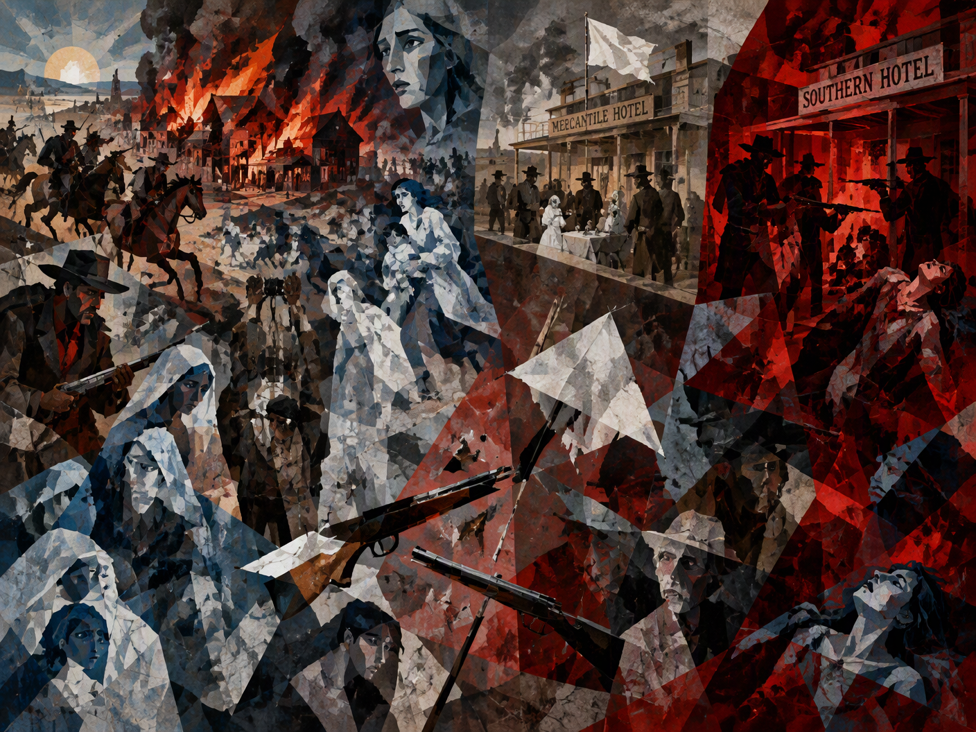 Cubist composition with fractured planes showing burning buildings, fleeing civilians, contrasting hotel scenes with white flag and violence, symbolic broken weapons and flags, rendered in reds, grays, blues, and blacks reflecting chaos and conflicting narratives of the Lawrence Massacre.