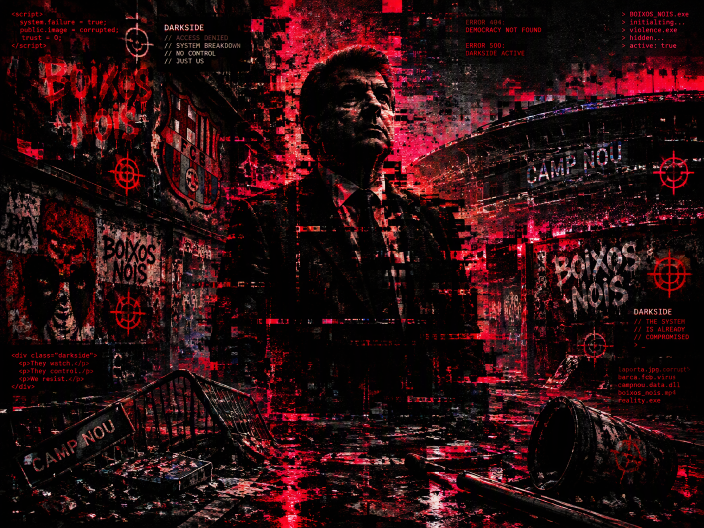 Glitch art image showing a dark, fragmented urban wall covered with threatening graffiti including distorted 'Boixos Nois' text and crosshairs, a shadowy figure representing Joan Laporta standing resolute amid corrupted digital noise, shattered street furniture, and a fading Camp Nou stadium in the background, all rendered in red and black glitch aesthetics symbolizing violence and defiance.