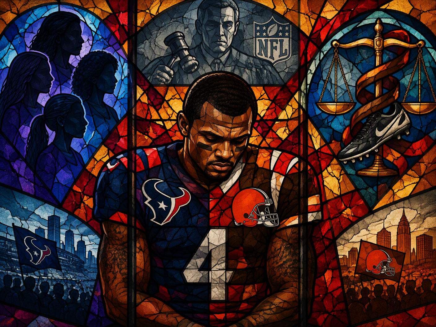 Stained-glass style artwork depicting Deshaun Watson in football uniform with surrounding symbolic figures of women silhouettes, scales of justice entwined with a football cleat, and a judge's figure above, set against fragmented, jewel-toned shards representing controversy and reflection.