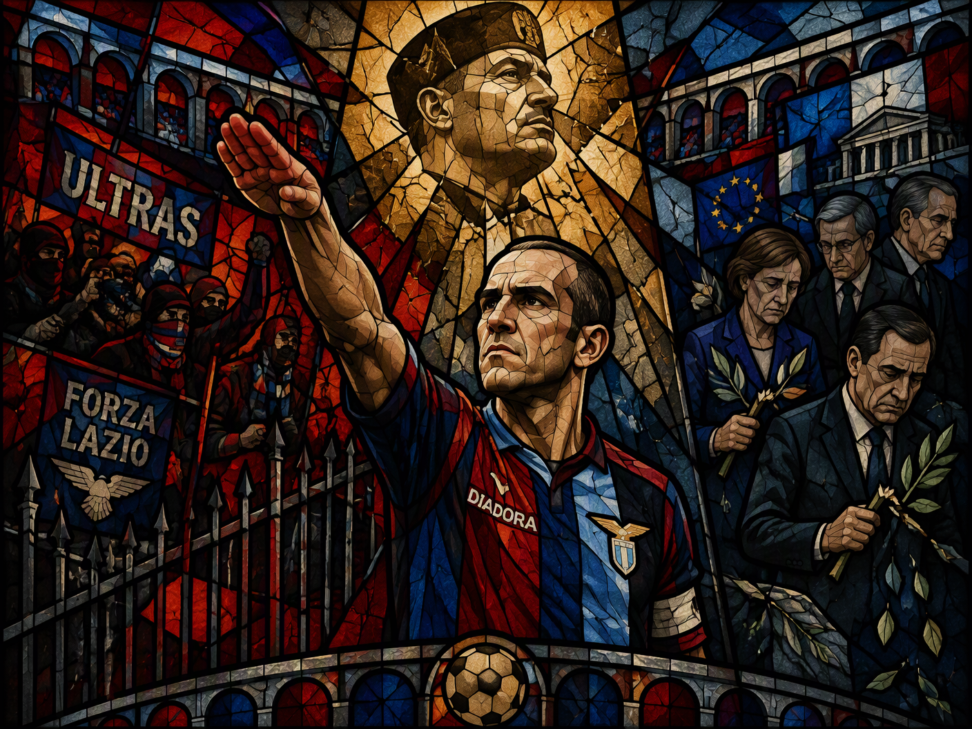 Stained-glass style illustration of Paolo Di Canio raising a stiff arm in a controversial fascist salute at a football stadium, surrounded by divided symbolic figures of ultras and politicians, with a fractured glowing silhouette of Mussolini above, rendered in jewel-toned glass and lead lines emphasizing division and political fallout.