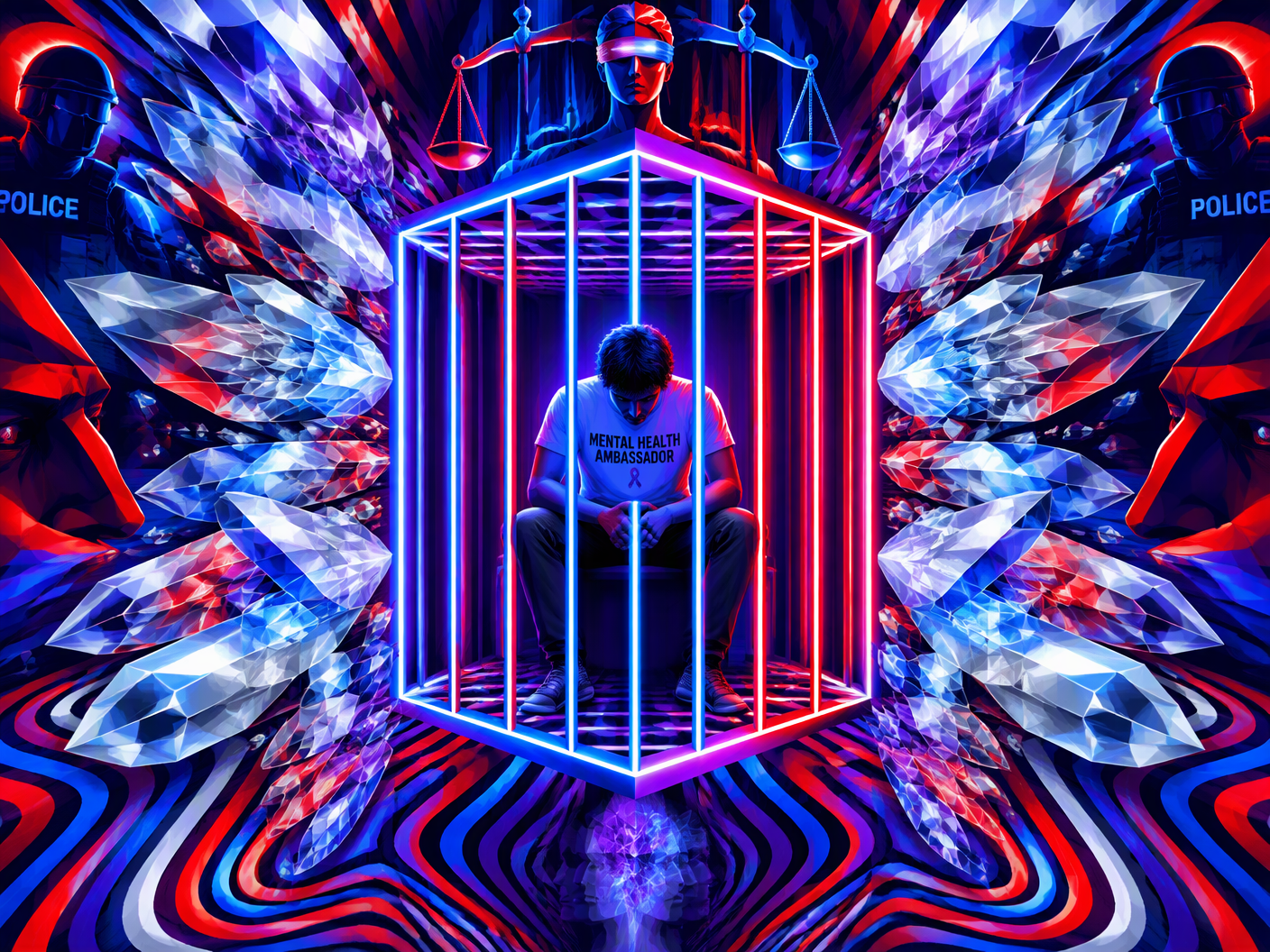 An abstract Chromatic Op Art depiction of a luminous geometric prison cell surrounded by pulsating crystalline forms in harsh blue and red hues, symbolizing drug trafficking and imprisonment, with optical tension reflecting psychological and societal pressures.