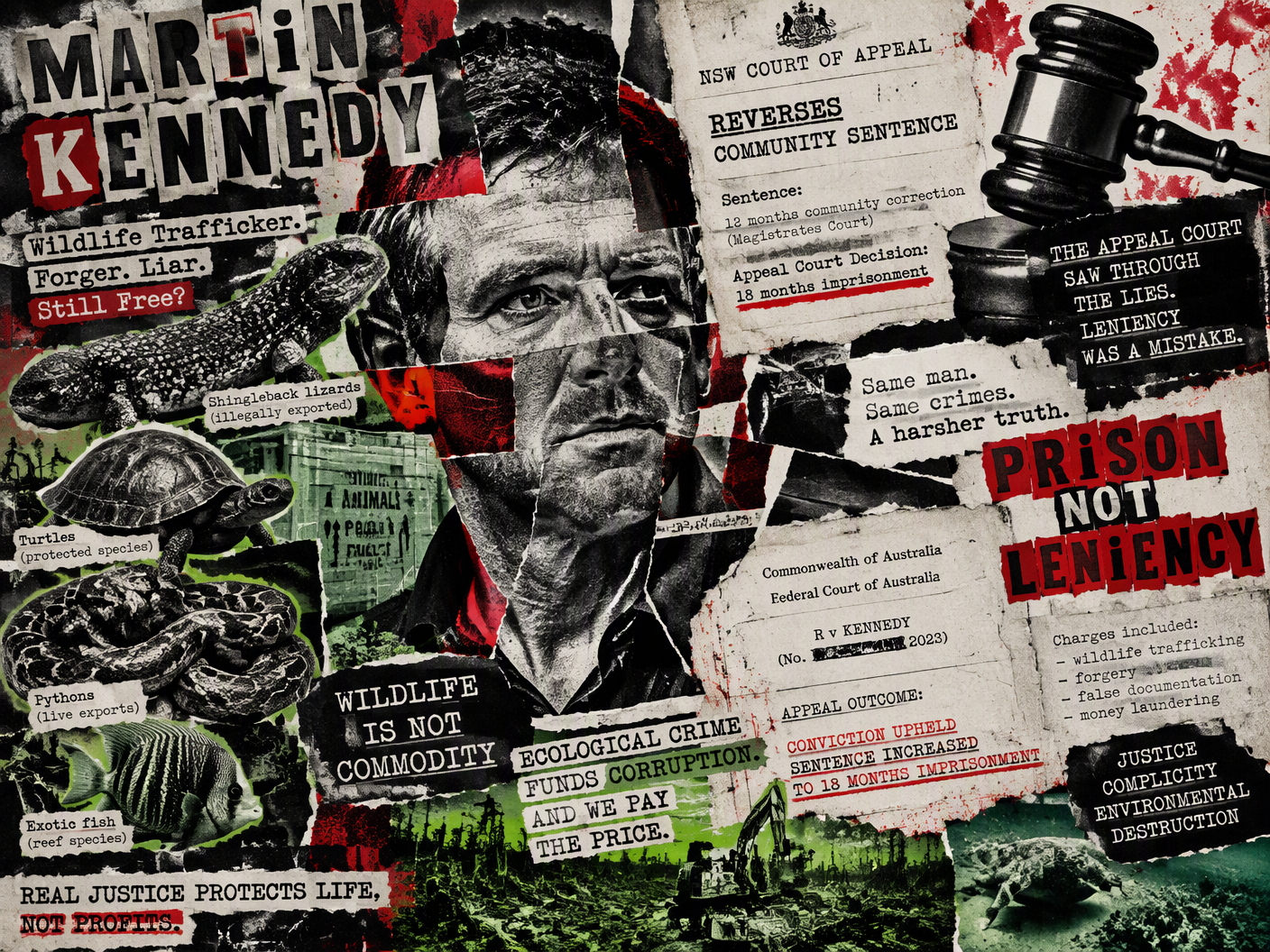 Collage portrait of Martin Kennedy torn and fragmented with lockdown court documents, images of smuggled reptiles like lizards and turtles, a gavel smashing down, rendered in black, white, and red photocopy grain style, symbolizing justice overturned and ecological harm.