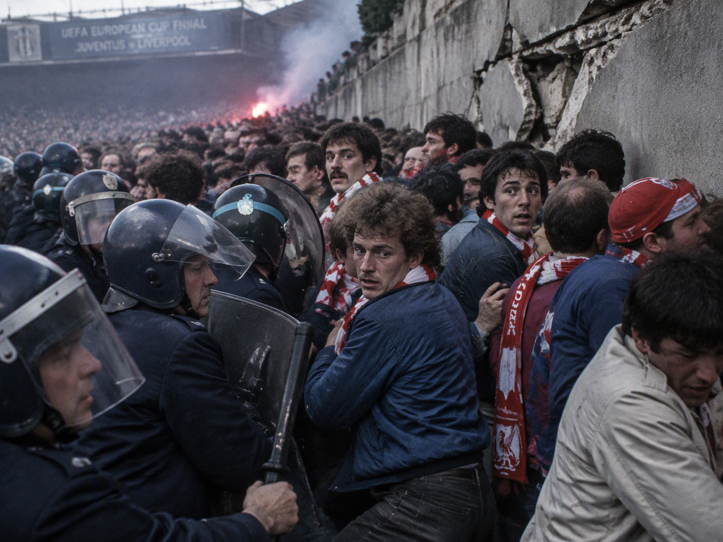 Crowded football supporters pressed tightly against a cracked stadium wall under bright stadium lights as police officers struggle to hold the line, capturing the tense moment before the Heysel disaster in 1985.