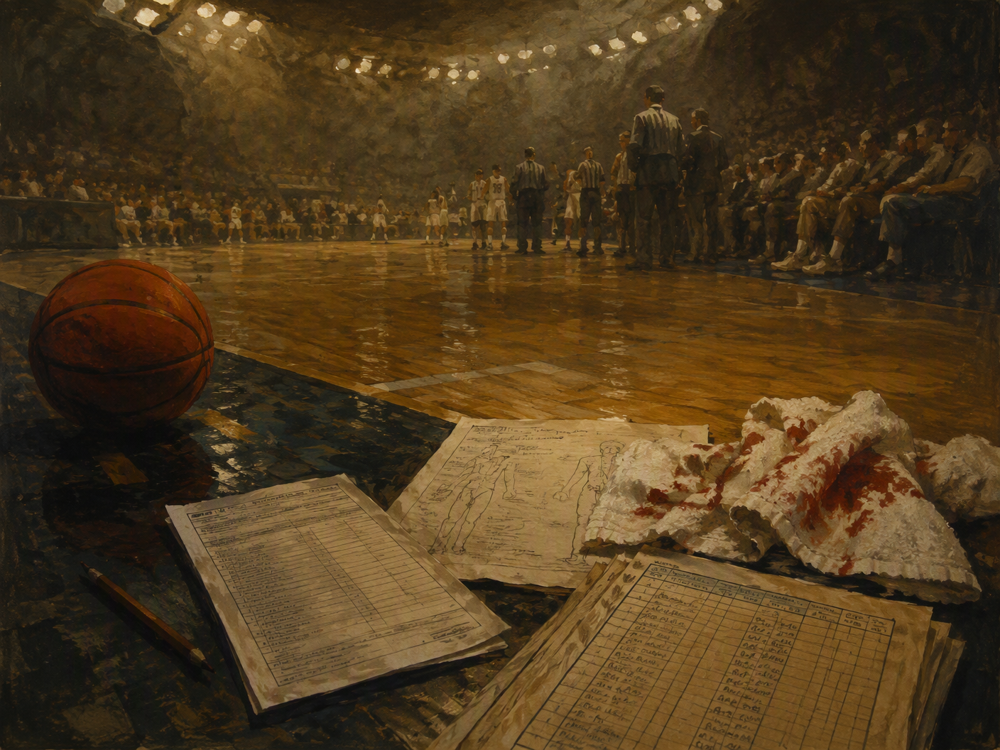 A gouache painting of an empty late-1970s basketball sideline under yellow arena lights, with medical gauze, a towel, a dated folder, and federal court papers on a table amid blue-gray shadows and tobacco haze.