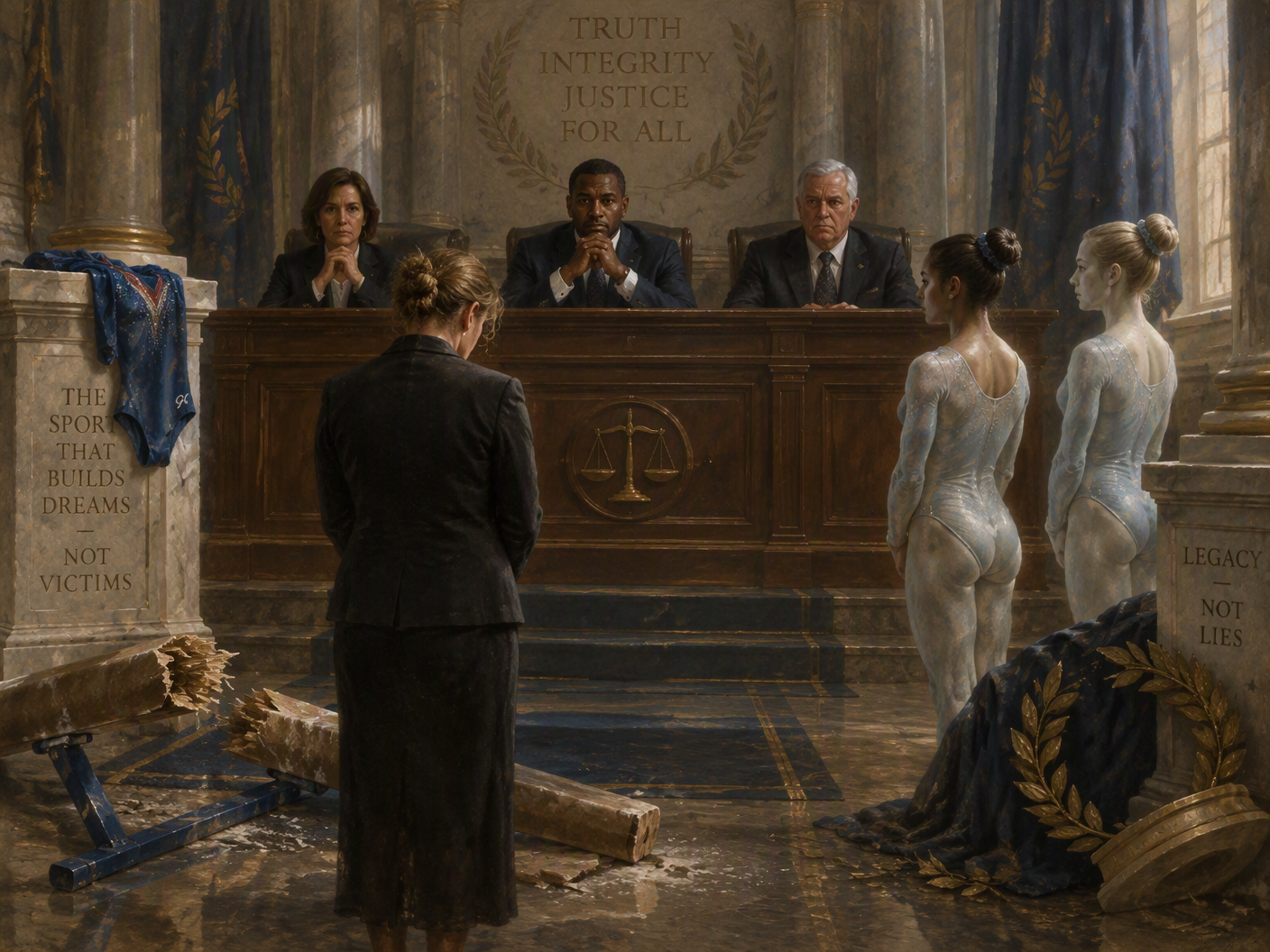Formal neoclassical painting of a hearing panel judging a coach accused of abuse, with symbolic young gymnasts, a broken balance beam, and a draped leotard, rendered in muted earth tones and solemn lighting.