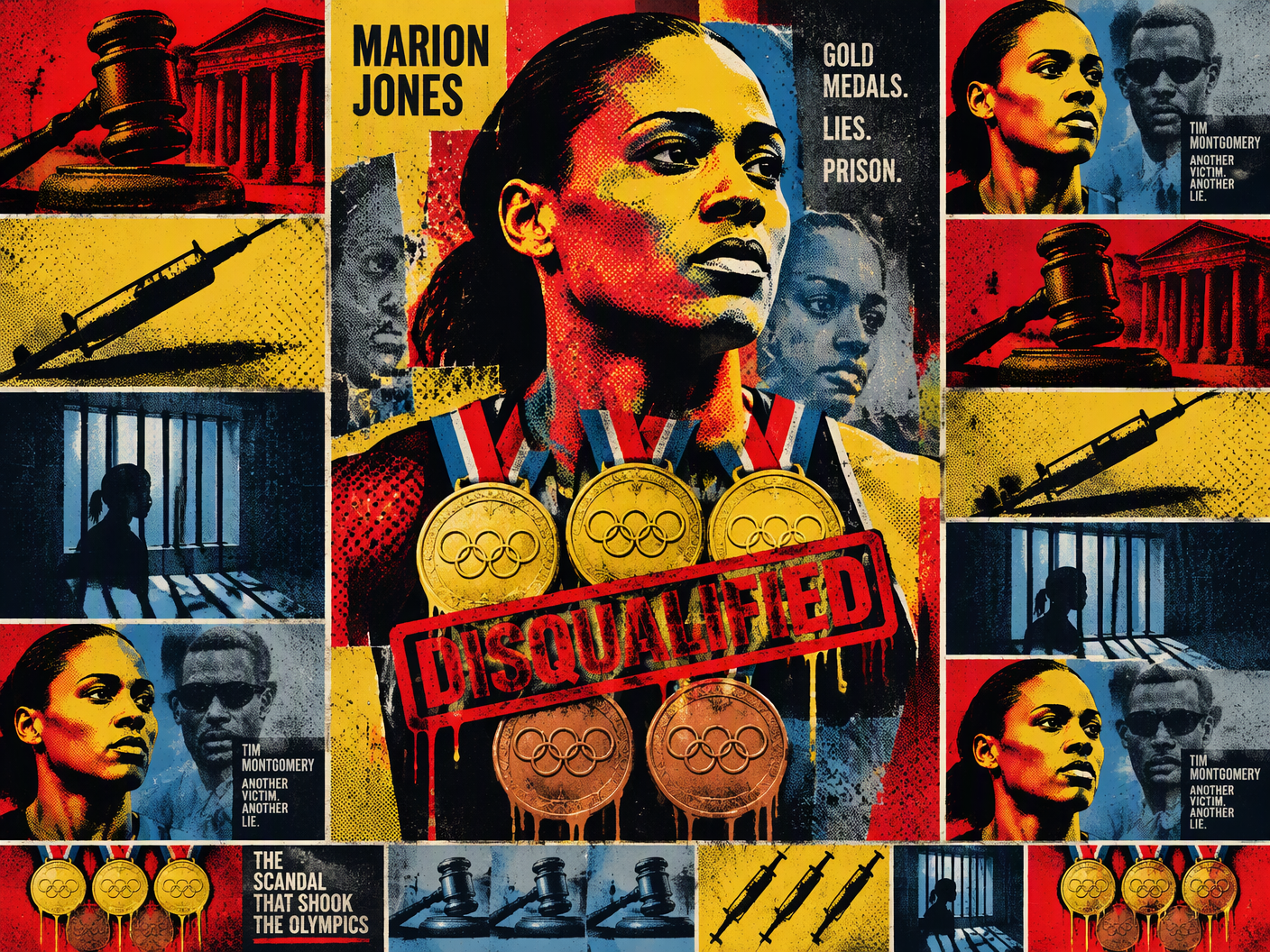 Pop Art style image showing Marion Jones with stripped Olympic medals stamped disqualified, surrounded by icons of courtroom gavel, syringe, prison bars, and a blurred figure of Tim Montgomery, all in bright, bold colors with repeated screen-print textures symbolizing the public spectacle of her doping scandal and punishment.