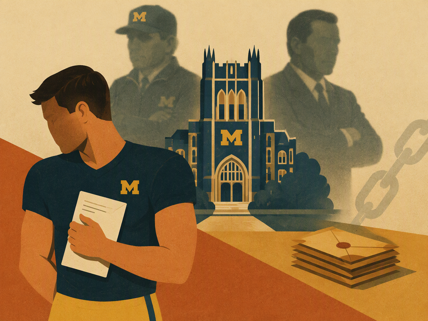 Mid-century modern illustration showing a vulnerable athlete holding a complaint letter, surrounded by shadowy university officials and symbolic sealed envelopes, representing ignored warnings about abuse at the University of Michigan.