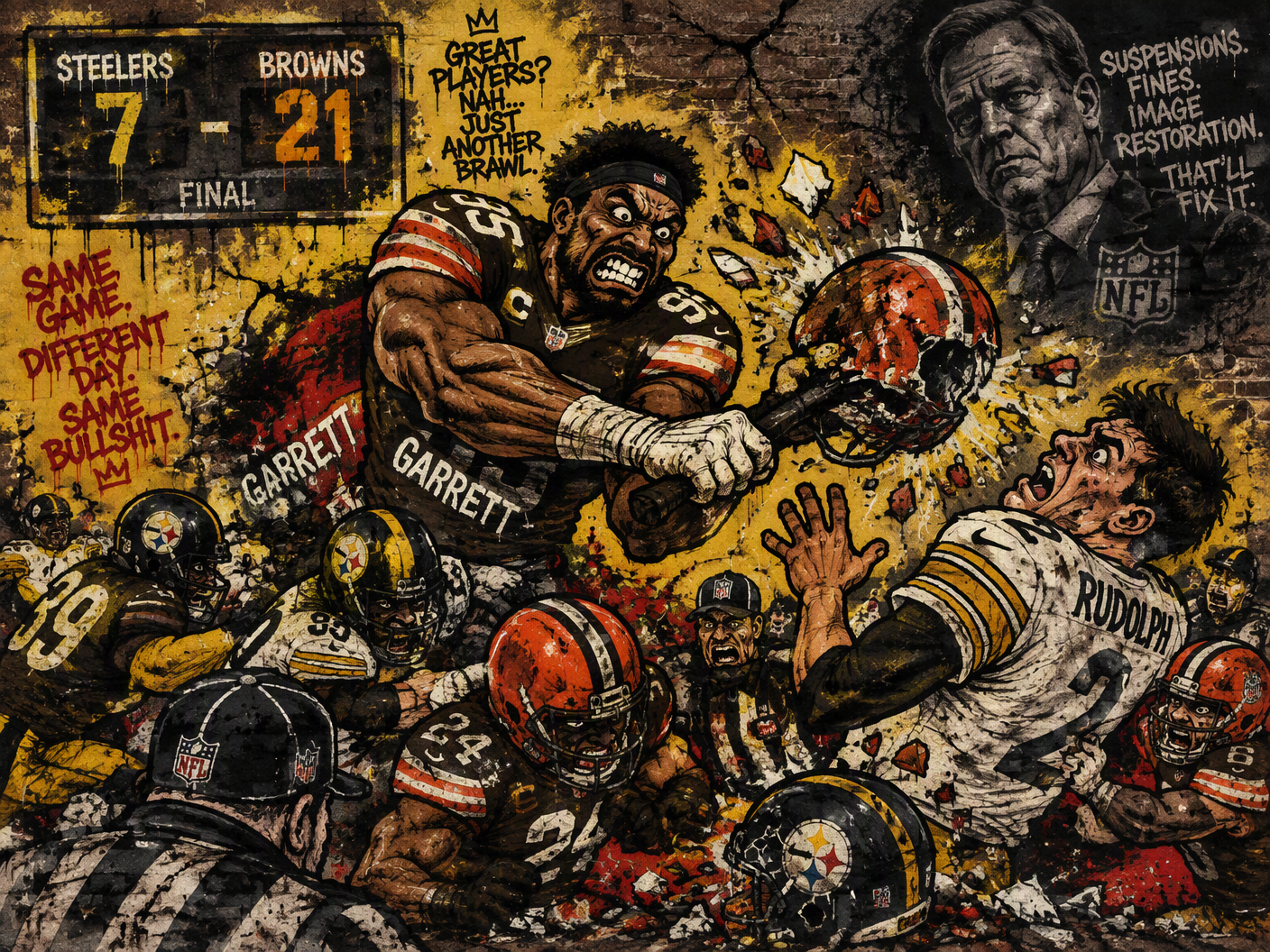Crude urban pop cartoon showing Myles Garrett swinging Mason Rudolph’s helmet at him amid a wild football brawl, with rough marker lines and graffiti-style spray paint textures capturing the violent chaos and NFL drama.