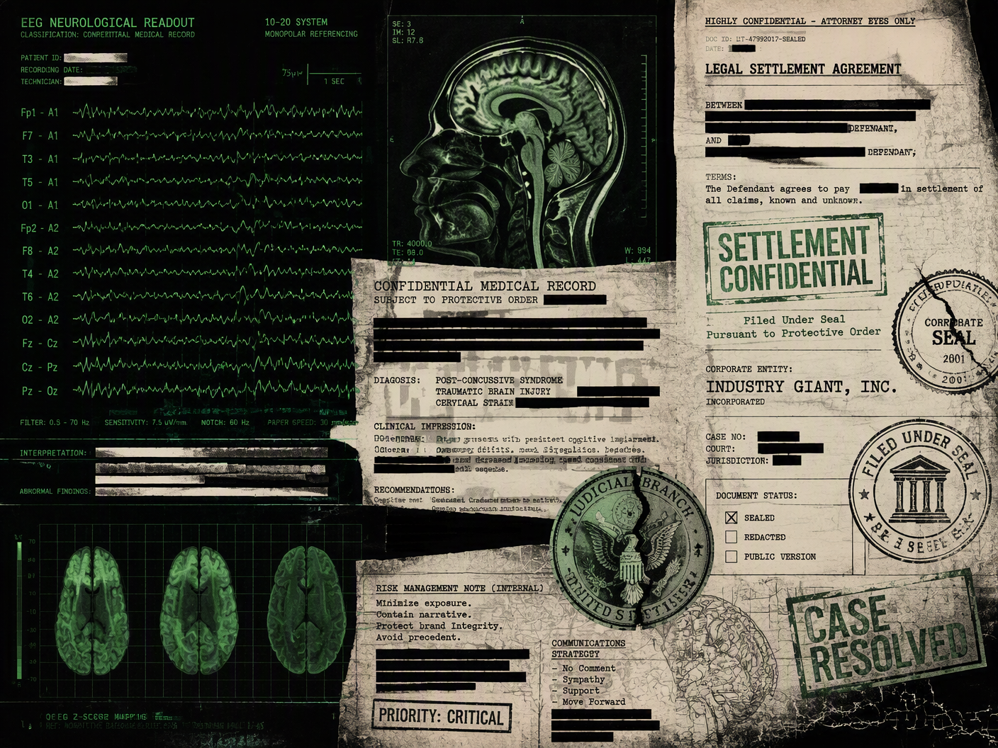 A four-by-three graphic collage shows a green clinical brain-scan graph and EEG lines beneath black legal redaction bars, stamped settlement marks, and fractured bureaucratic seals on an ivory and black background.