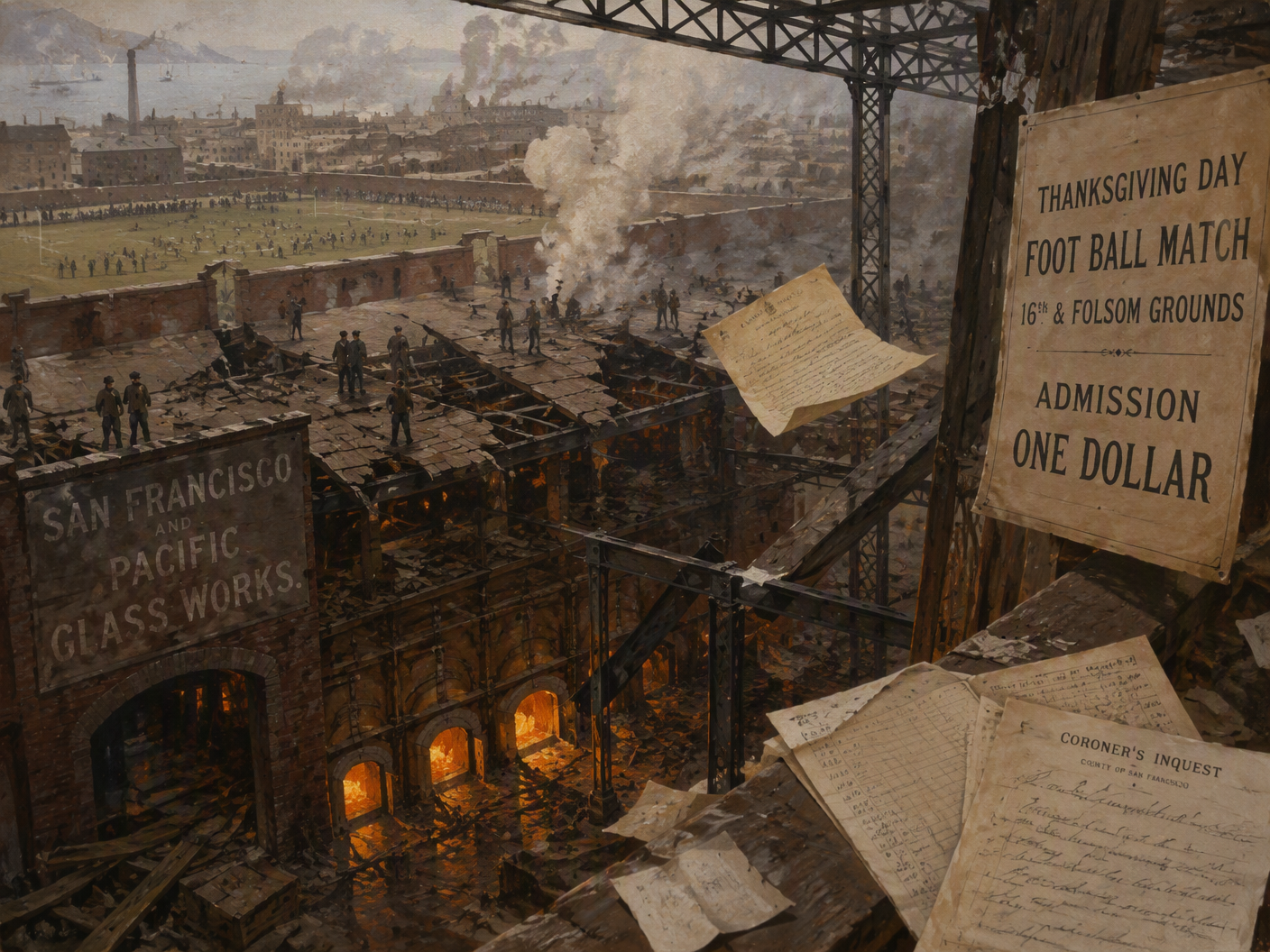 A gouache-style painting shows a crowded fractured factory roof beside a football field, with smoke rising from a glowing furnace and papers scattered among broken beams.