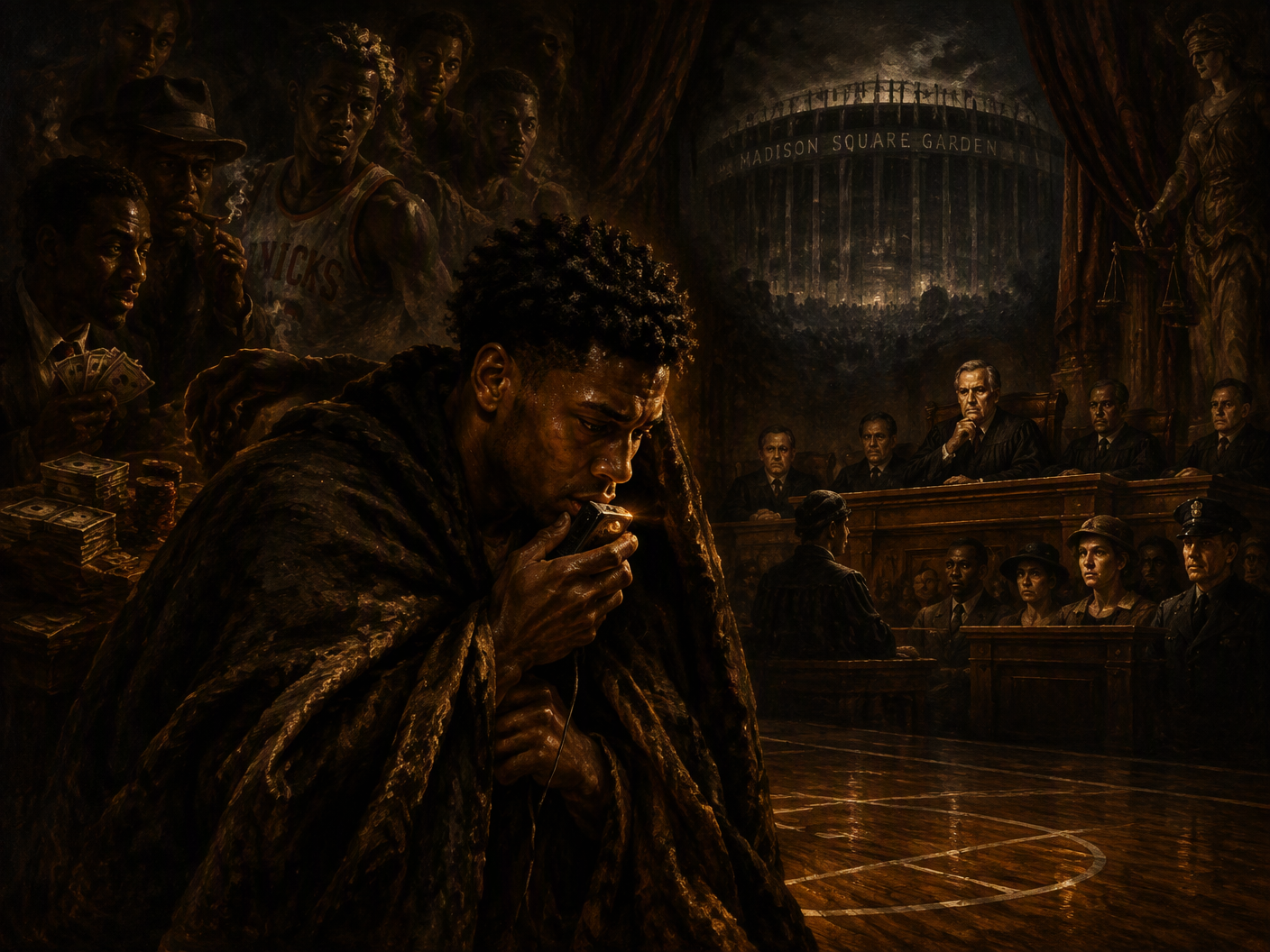 Dramatic Baroque scene of Junius Kellogg secretly recording a bribery confession amid shadowy figures of teammates and gamblers, with a moralistic courtroom tableau and the fading silhouette of Madison Square Garden in the background.