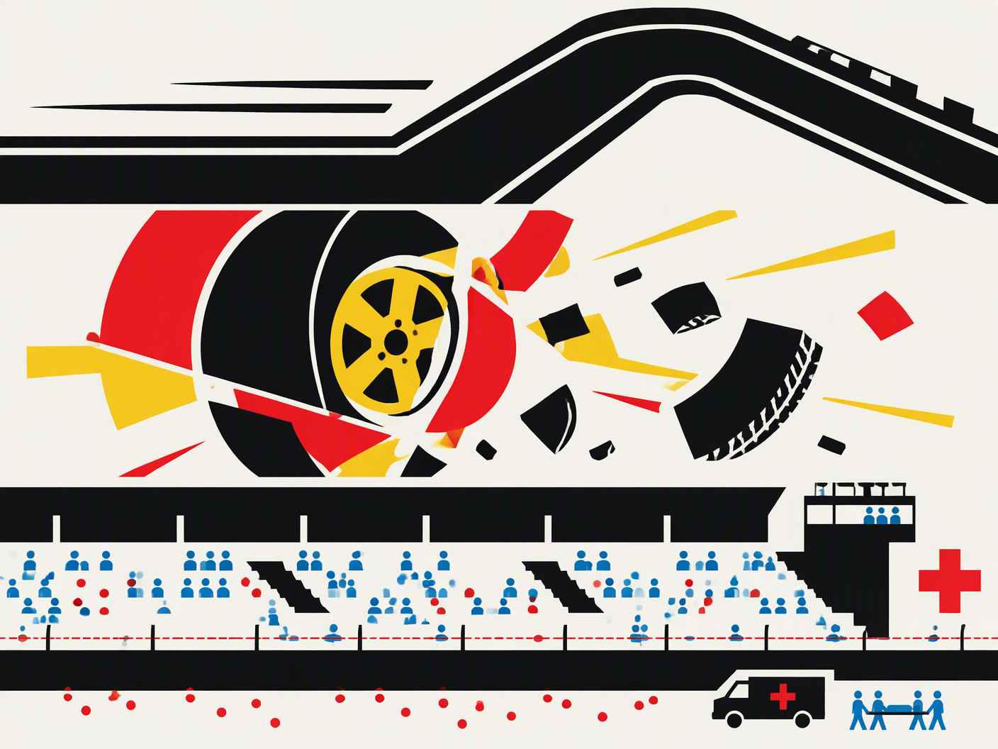 Bauhaus-inspired graphic showing a schematic race track corner, fragmented red and yellow shapes representing flying car debris, and a minimalist black and white grandstand with red and blue icons symbolizing injured spectators and emergency response.