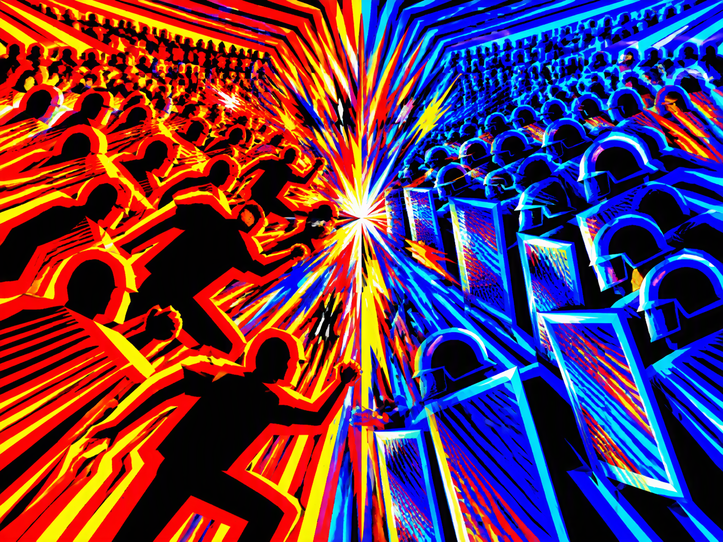 Abstract op art image of clashing radiant red and blue geometric fields with vibrating edges symbolizing violent conflict and disruption at a football stadium pitch, capturing the emotional tension of the Watford versus Luton supporters' brawl before their 2002 match.