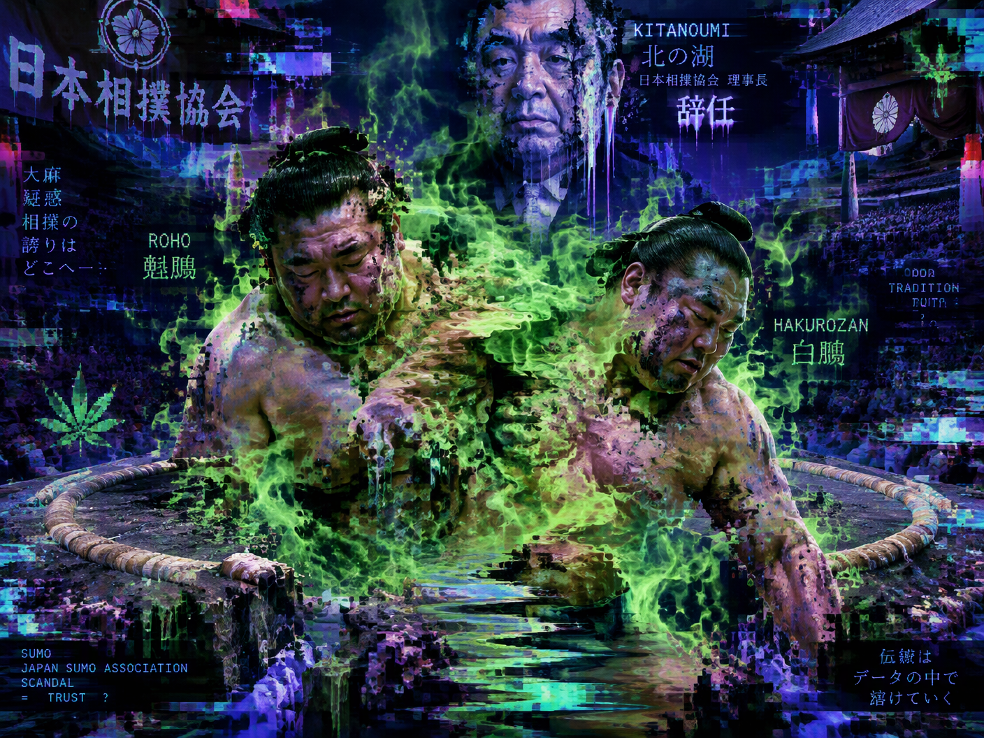 Surreal digital art of two sumo wrestlers melting and pixelating amidst neon-green smoke, surrounded by glitching sumo rings and a dripping, corrupted portrait of a sumo chairman, symbolizing scandal and banishment.
