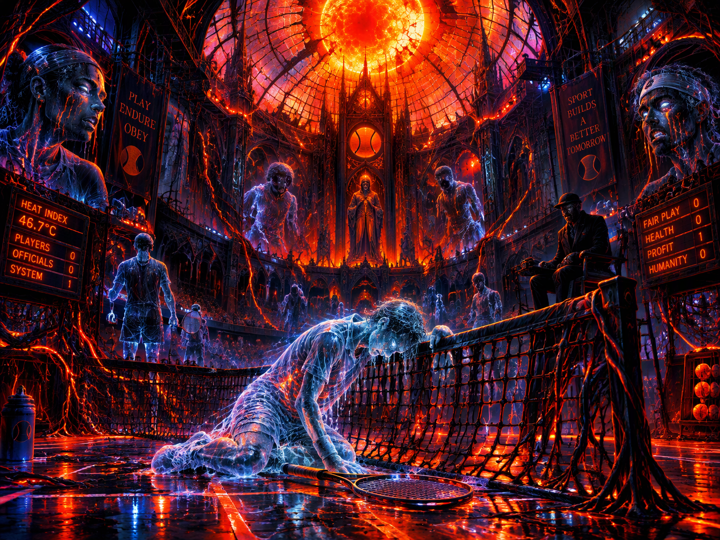 A ghostly tennis player collapses against a twisted net inside a neon-lit, dystopian tennis arena resembling a haunted cathedral, with neon sun blazing overhead and shadowy figures of players and officials merged with mechanical scaffolding, symbolizing the torturous heat and systemic failure at the 2014 Australian Open.