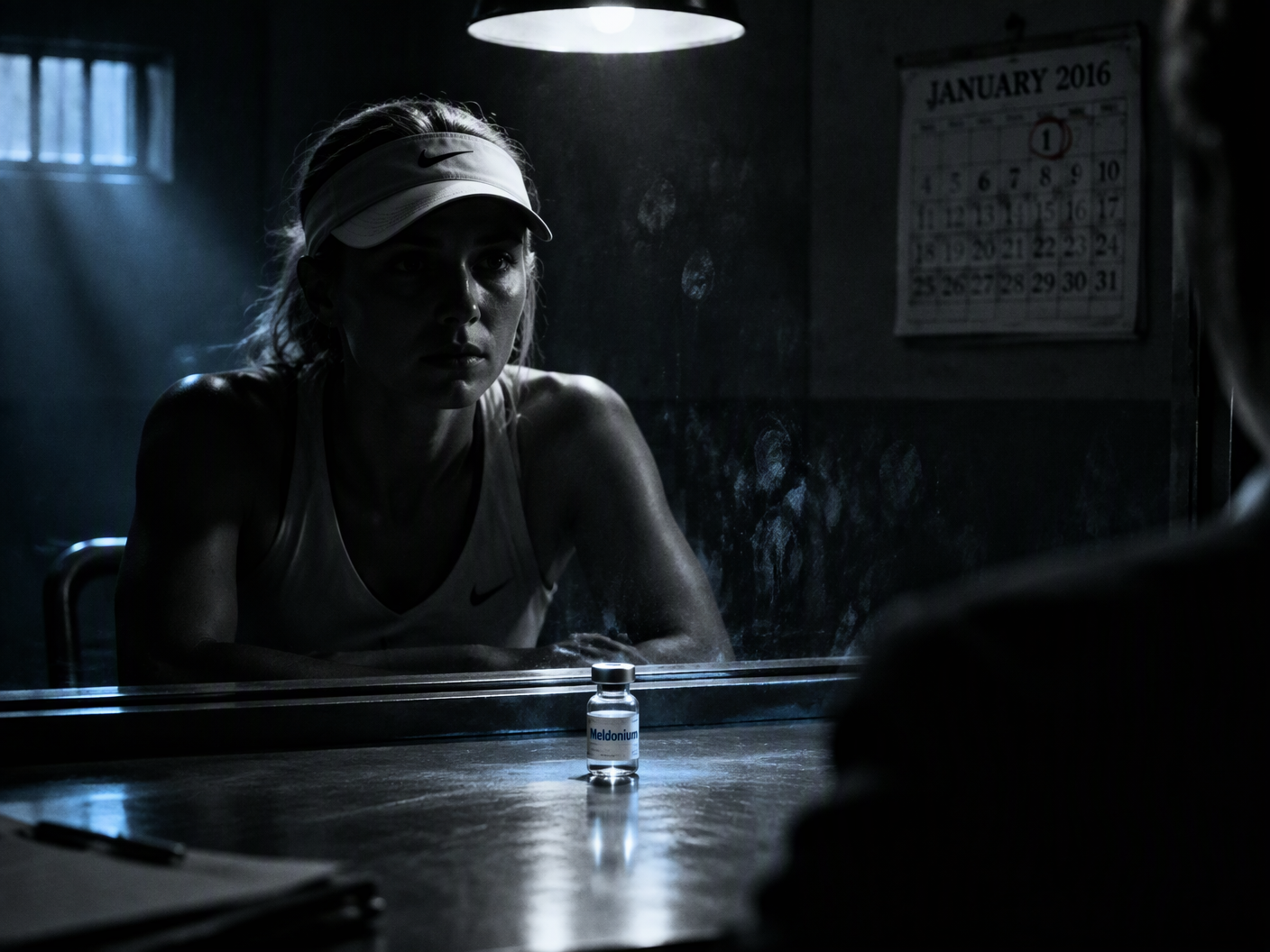 A shadowed tennis player in a noir-style interrogation room, half her face hidden in darkness, sits before a reflective glass panel with a vial of meldonium on the table, evoking tension and ambiguity around doping allegations.