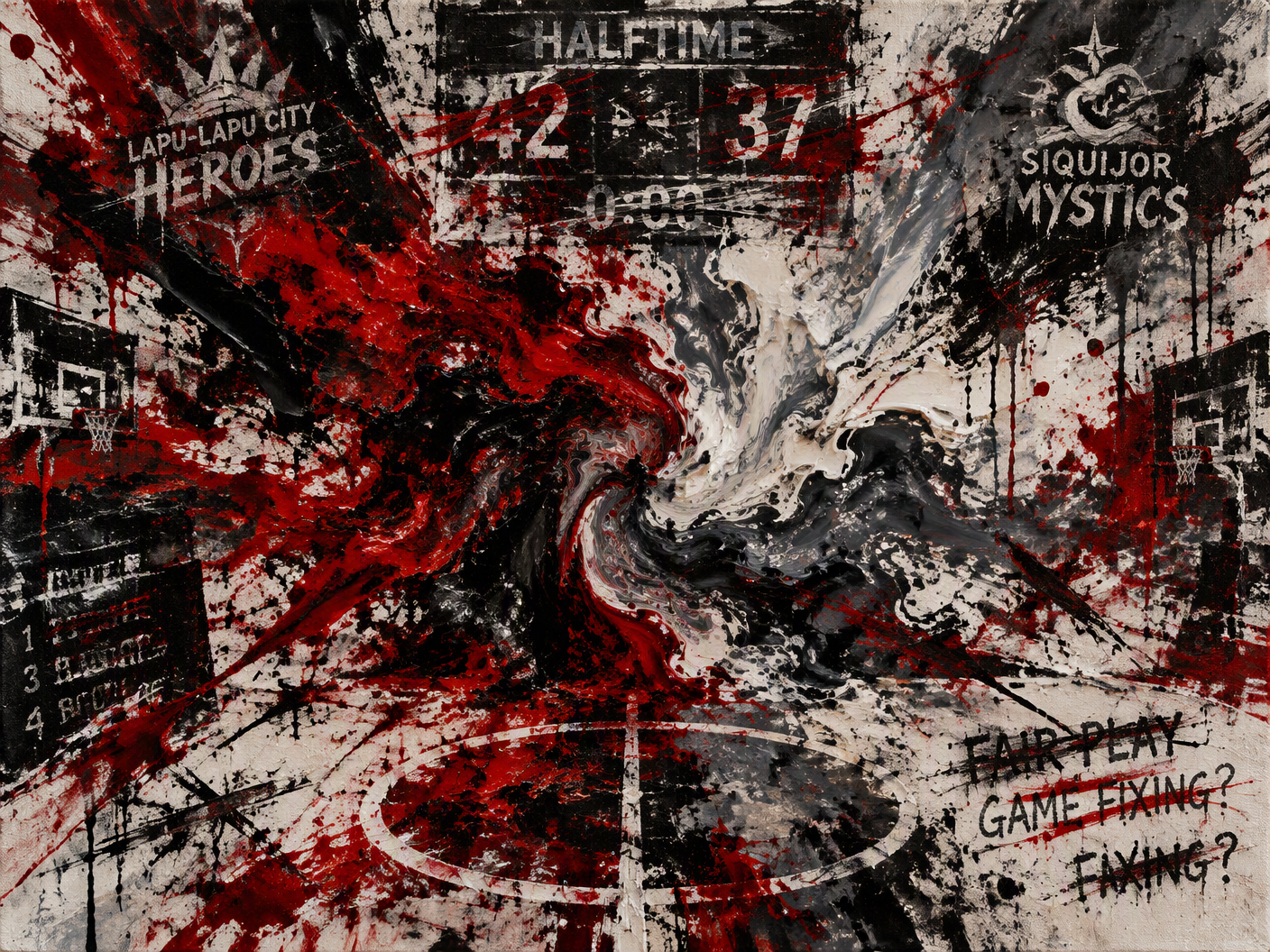 An abstract painting showing violent red and black brushstrokes clashing on a textured white background, symbolizing tension and disruption in a basketball game suspended at halftime amid fixing allegations.