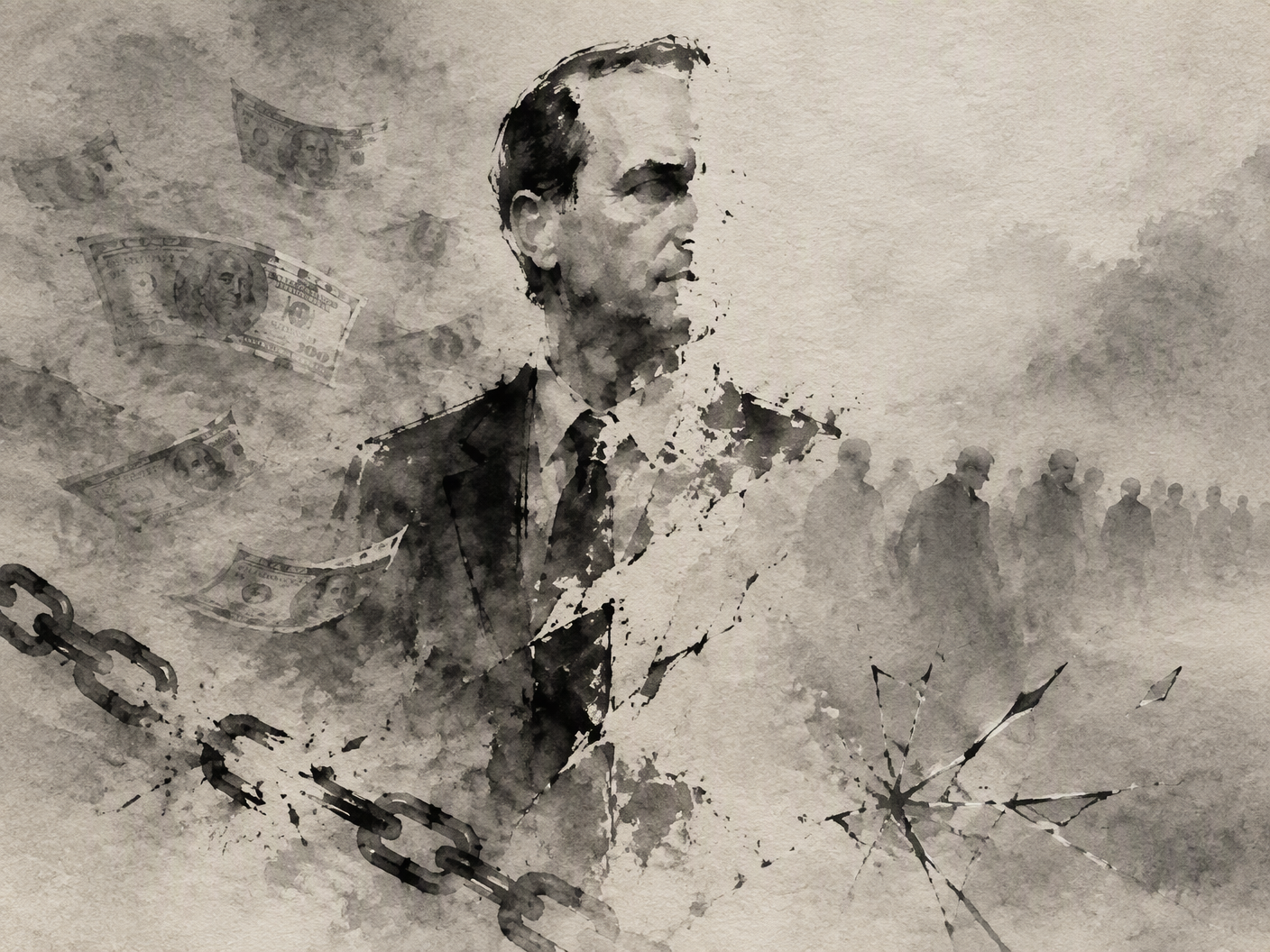 An abstract ink wash painting depicting a fragmented male figure fading into mist and negative space, surrounded by dissolving dollar bills and broken chains, symbolizing deceit and financial collapse in a large-scale Ponzi scheme.