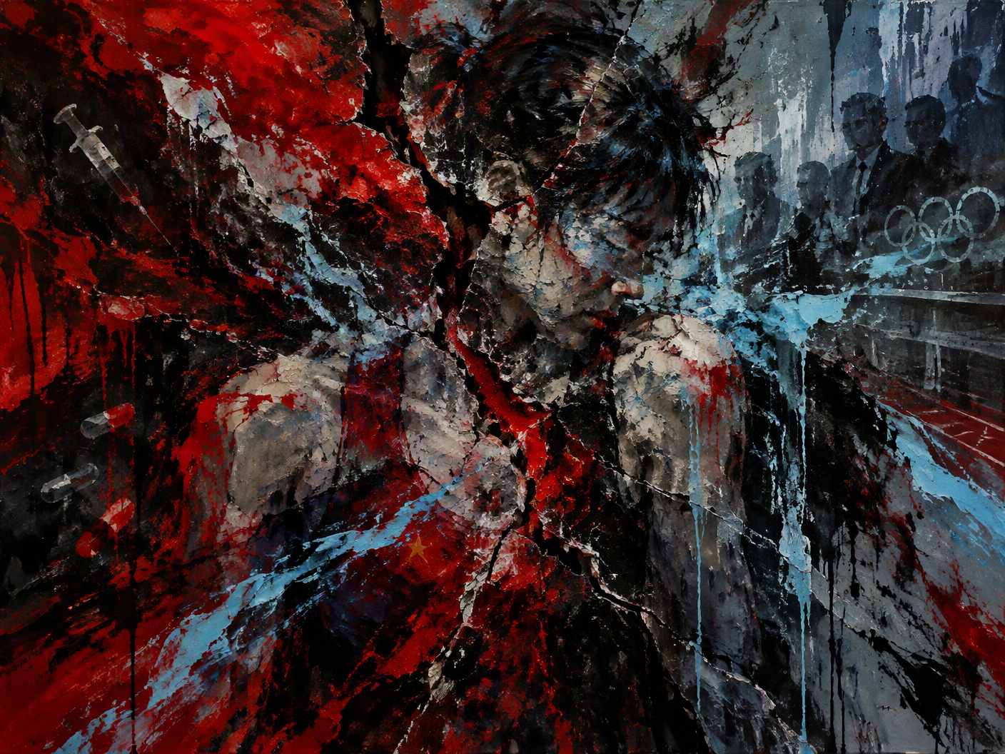 Abstract painting with chaotic, gestural strokes in deep reds and blacks over cracked raw surfaces, with hints of blue and gray veins suggesting fractured human form under pressure.