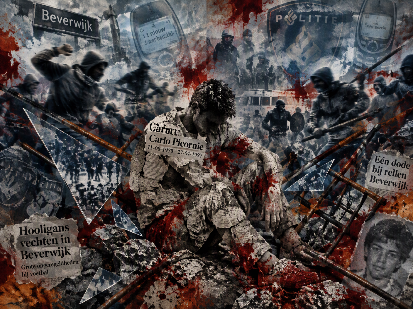 Abstract surreal collage showing a seated figure made of newspaper and concrete textures symbolizing Carlo Picornie, surrounded by ghostly attacking figures formed from shards of glass and twisted metal, with faint mobile phones and police symbols layered in a muted palette with splashes of red representing violence and loss.