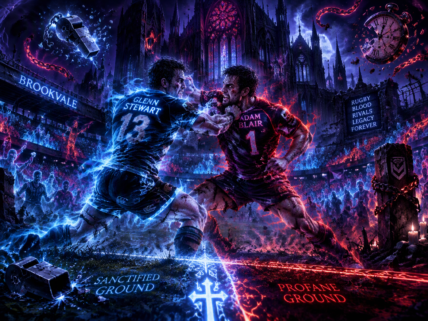 Two ghostly rugby players fight fiercely at the sideline of a ruined neon-lit cathedral stadium, surrounded by ethereal crowds and dystopian architecture, symbolizing the violent clash and aftermath of the Battle of Brookvale.