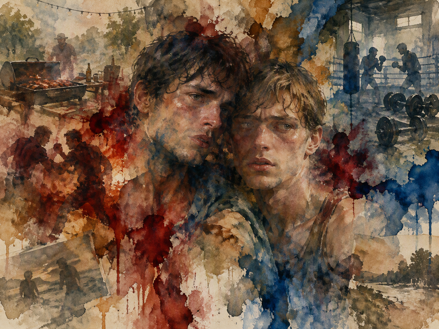 An abstract watercolor of two men's intimate, tense faces at the center, surrounded by fading shapes of a barbecue area and gym, with bleeding pigment layers symbolizing conflict and fading memories.