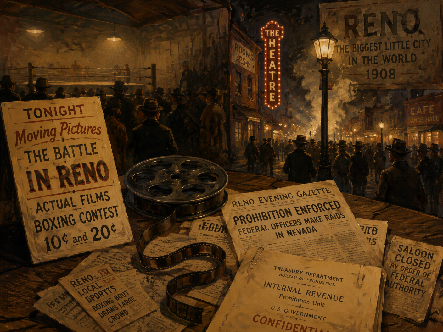 A gouache artwork shows a dim 1910 boxing arena fading into a nighttime street, with a film reel, theater placard, newspapers, and a federal restriction document in the foreground.