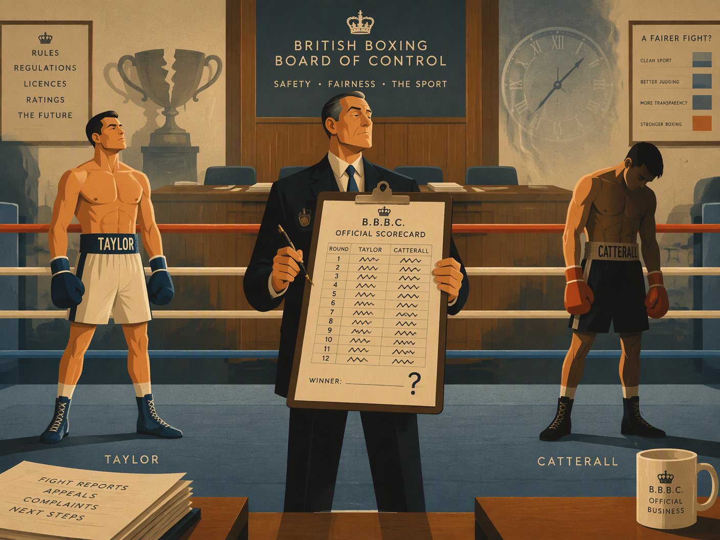 Mid-century modern illustration of a boxing ring inside a bureaucratic office, showing a judge holding a jagged scorecard between two simplified boxers—Taylor confident and shadowed Catterall—symbolizing controversial scoring and lost opportunities.