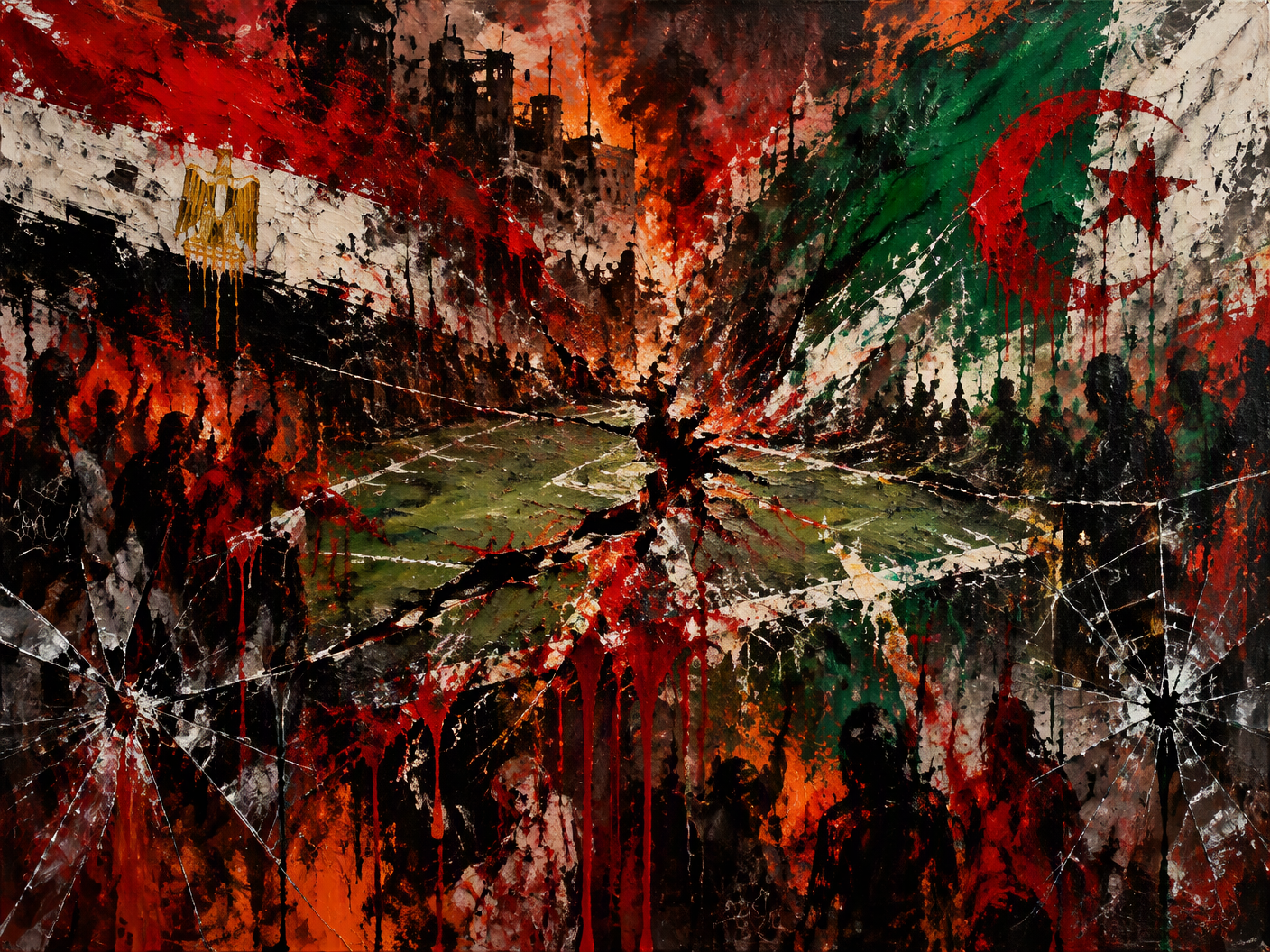 An abstract expressionist painting with aggressive splashes and pours of red, black, white, and green paint, creating a raw, textured surface that evokes tension and rupture, symbolizing the violent conflict and protests after the Egypt vs Algeria football playoff in 2009.