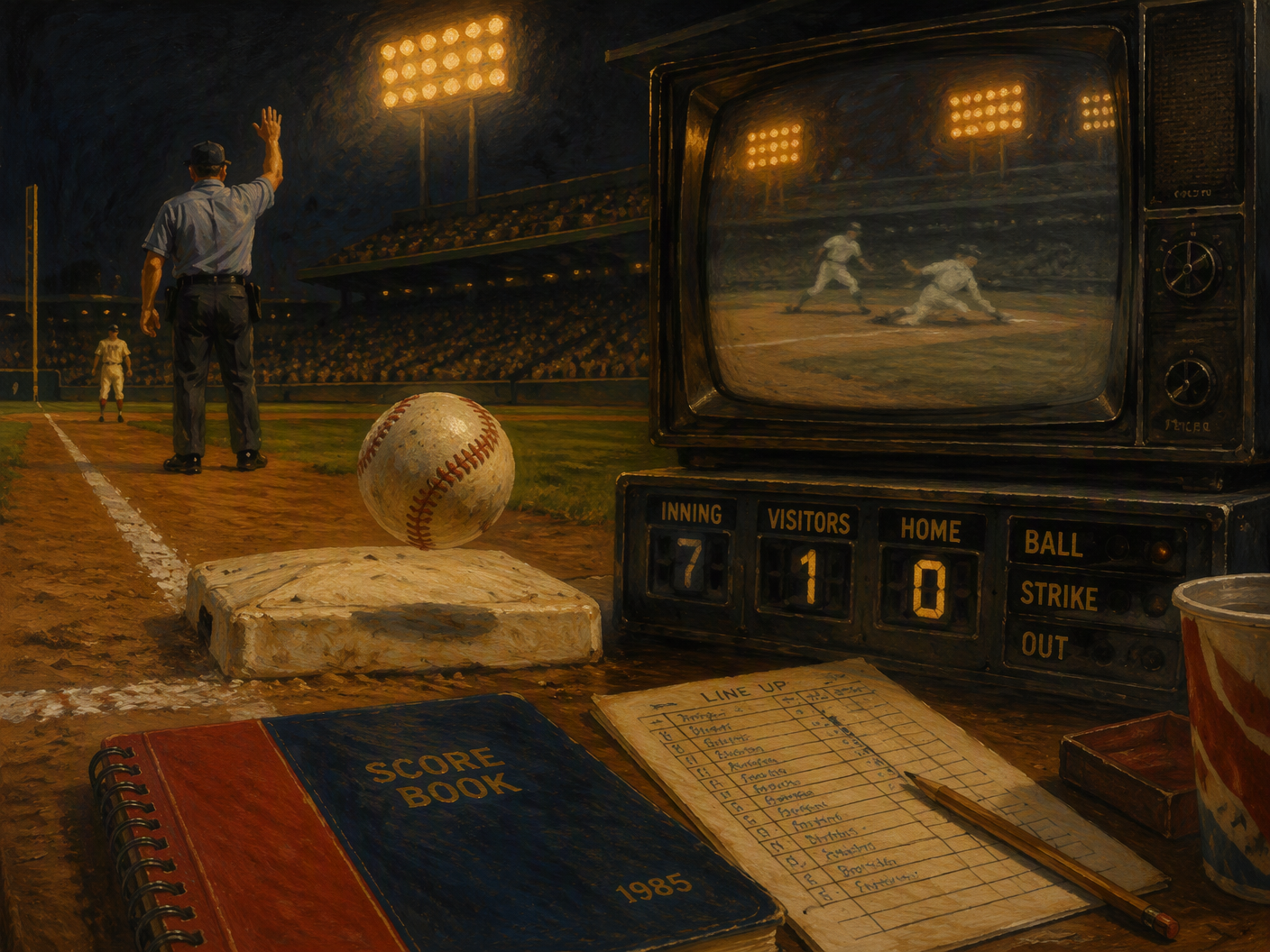 A gouache painting shows a baseball near first base, an umpire’s raised safe signal, and an old television replay monitor under dim stadium lights, with a 1–0 scoreboard in the background.