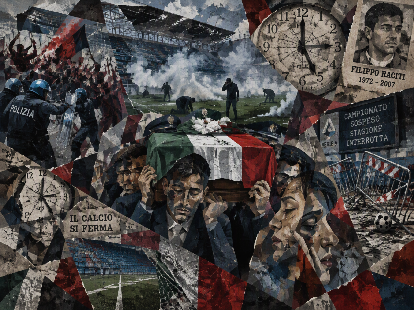 Cubist collage showing tear gas drifting over a fragmented football pitch, riot police clashing with fans, and mourners carrying a flag-covered coffin, all in somber muted colors symbolizing grief and halted football after Filippo Raciti's death.