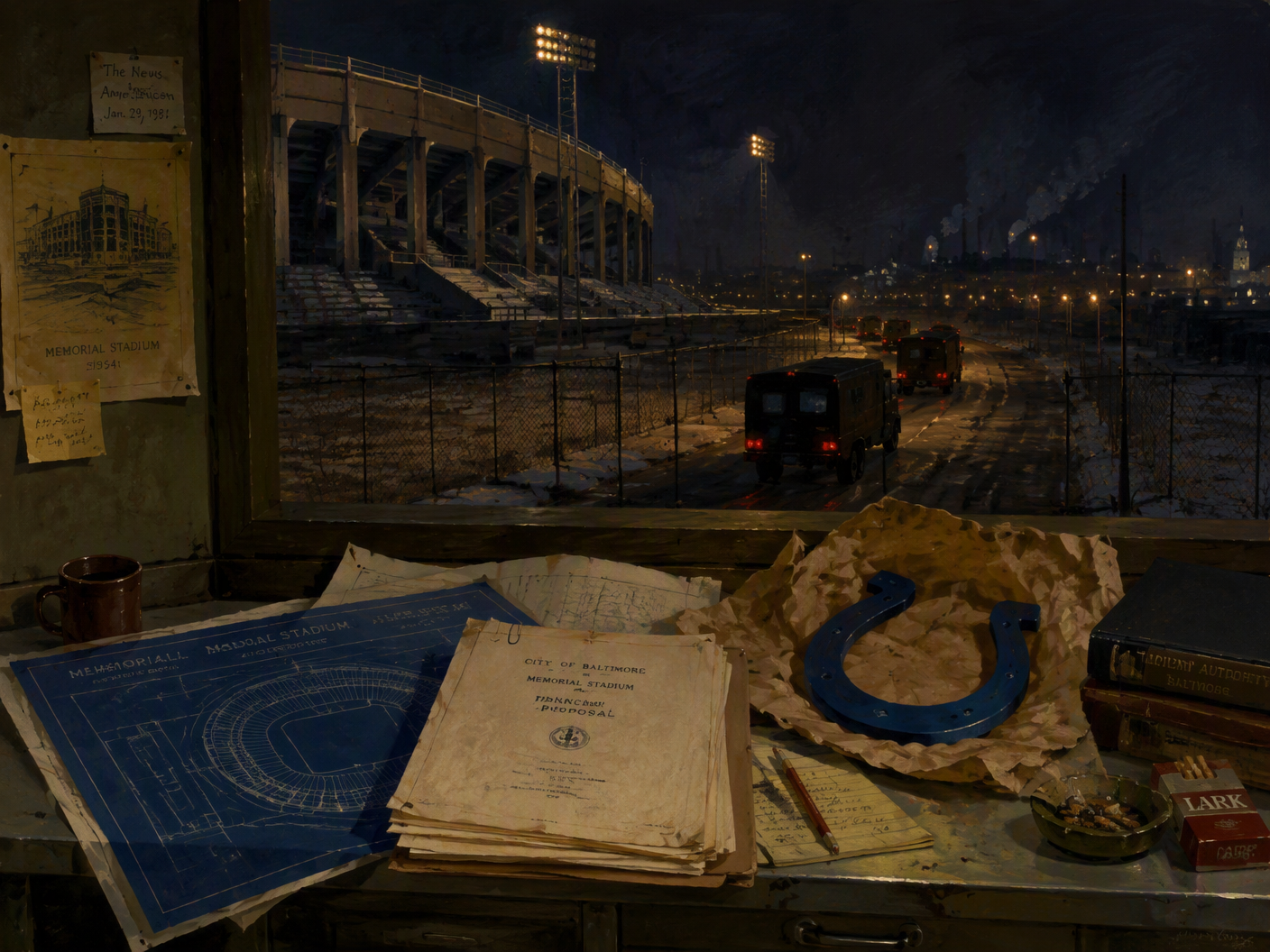 A gouache painting shows an empty Baltimore stadium at night with a shadowed convoy leaving beyond a fence, while blueprints and financing papers lie on a desk beside a partially covered horseshoe emblem.