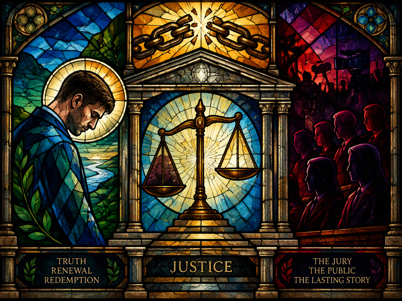 A stained-glass illustration showing a figure symbolizing Ched Evans in blues and greens standing under a courthouse facade with scales of justice glowing above, broken chains symbolizing acquittal, and abstract jury figures in deep reds and purples, all rendered in jewel-toned glass and lead lines.