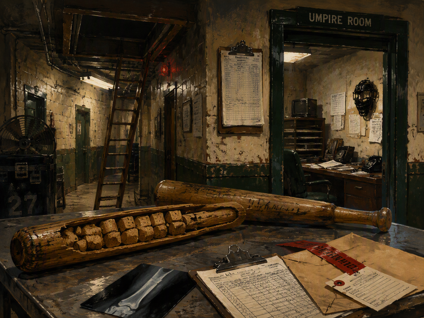 A gouache painting of two baseball bats and examination papers in a dim ballpark service room, with a ceiling hatch overhead and an X-ray image on a metal table.