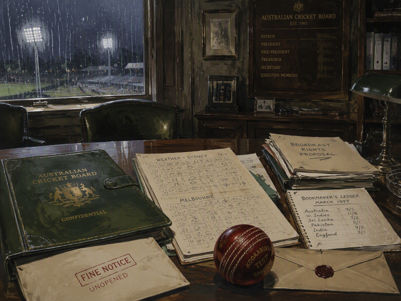 A dim late-1990s boardroom contains cricket paperwork, weather charts, a small betting ledger, a sealed envelope, and a cricket ball, with blurred stadium lights visible through a rainy window.