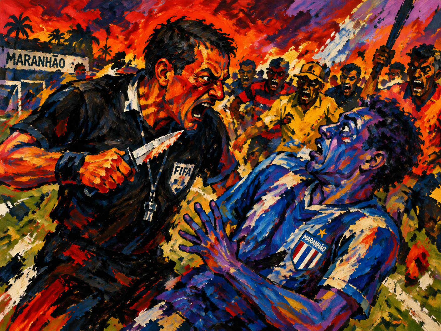 An expressive Fauvist painting showing a heated confrontation between a referee and a player on a distorted football field, surrounded by an angry mob rendered in fiery reds and yellows, with swirling emotional colors and broad brushstrokes conveying violence and chaos.