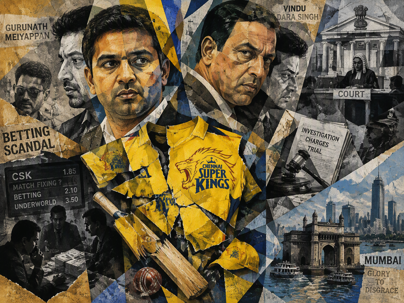 Cubist collage showing fractured portraits of Gurunath Meiyappan and Vindu Dara Singh, shattered Chennai Super Kings jersey and cricket bats, fragmented courtroom and cityscape in overlapping angular planes symbolizing the betting scandal and IPL suspension.