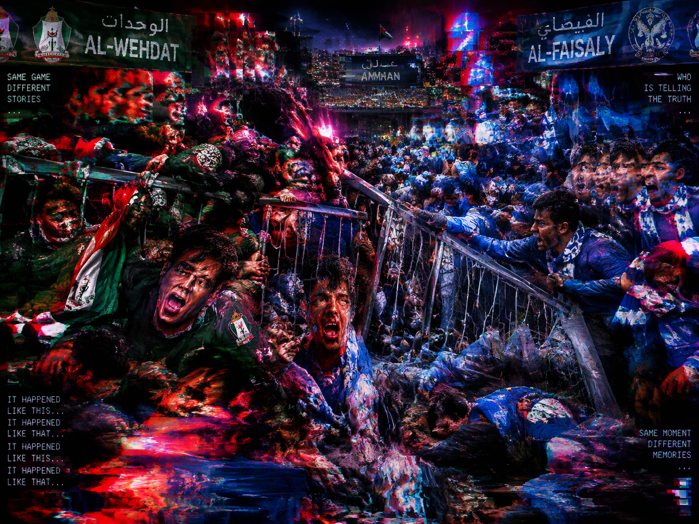 Distorted and melting crowd of football fans crushed against a warped metal fence in a neon-lit stadium, faces and bodies blending with pixelated glitches and digital smears capturing the violent chaos after the Amman derby.