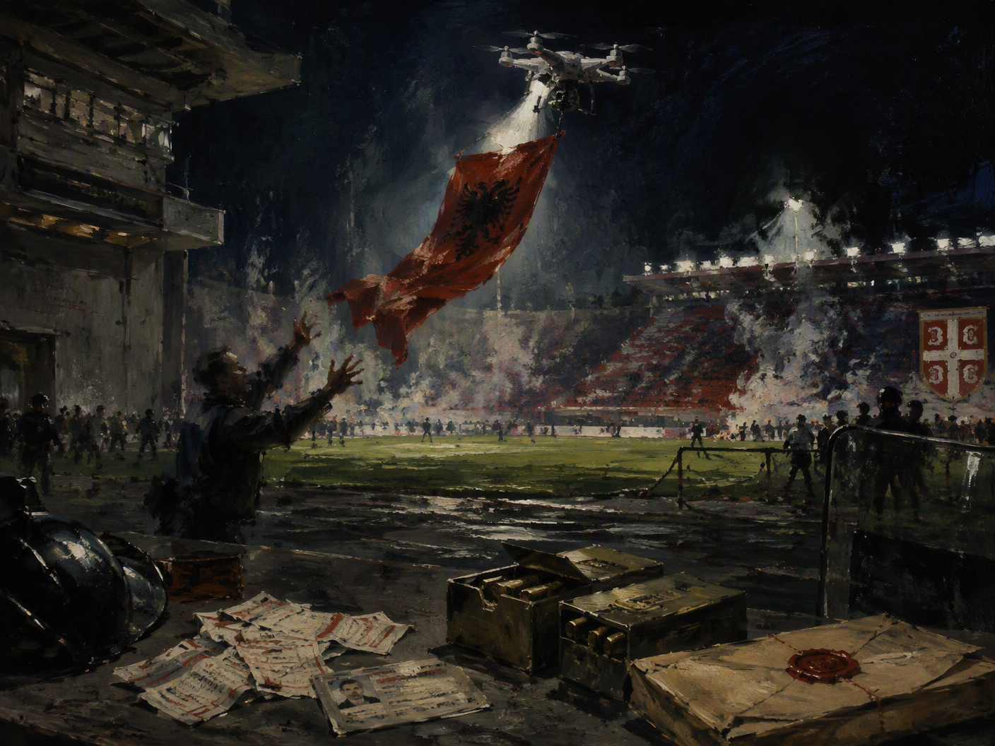 A gouache painting shows a small drone carrying a twisting banner above a floodlit football pitch, with reaching hands below and a foreground police table holding tickets, ammunition boxes and an evidence envelope.
