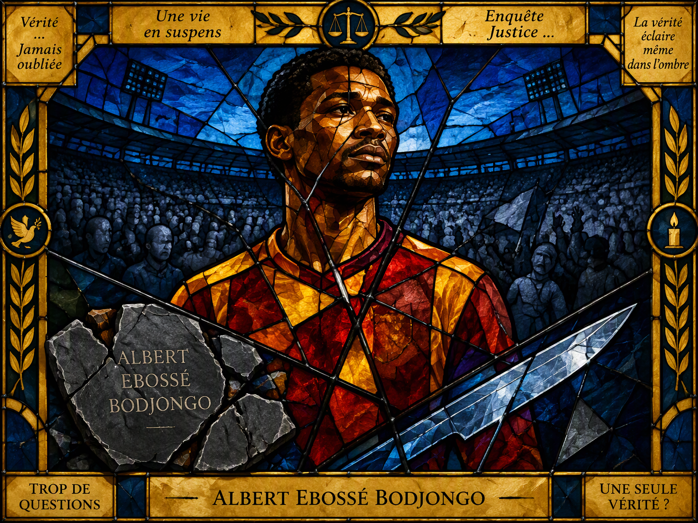 Stained-glass style image showing Albert Ebossé Bodjongo as a luminous figure fractured by lead lines, set against a dark stadium backdrop with symbolic shards of a broken tile and a blade, representing the disputed causes of his death.