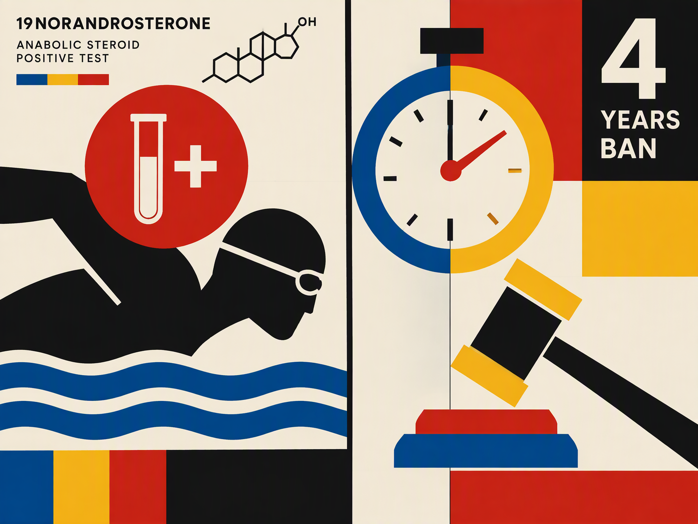 Bauhaus-style editorial illustration showing an abstract swimmer silhouette with a red warning symbol on the left and primary color icons of a stopwatch and gavel on the right, symbolizing a doping test controversy and suspension in competitive swimming.