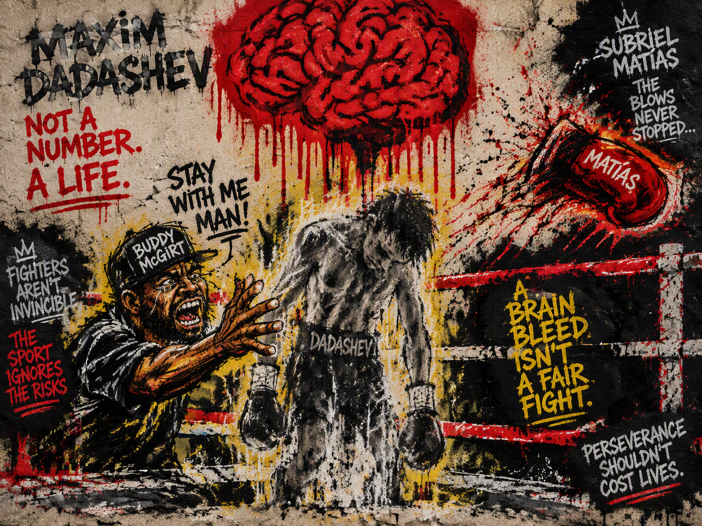 A crude, graffiti-style cartoon shows boxer Maxim Dadashev fading ghostlike in a ring, his trainer Buddy McGirt pleading desperately, with a dripping red brain symbol behind them, capturing the fatal cost of the brutal fight.